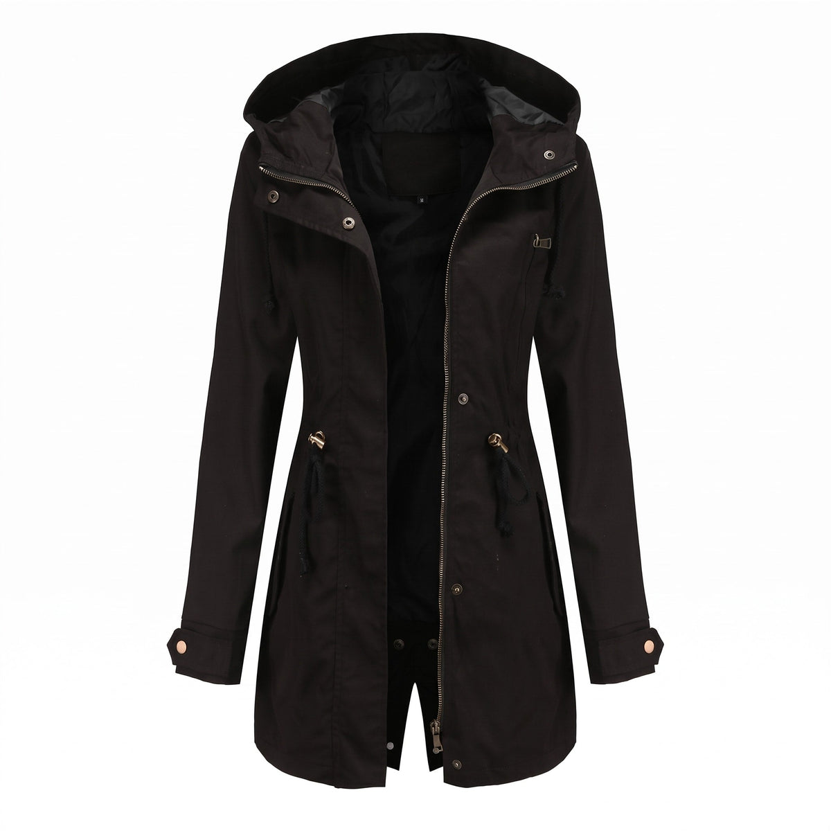 Grace - Women's Transitional Hooded Longline Jacket with Zip Closure - Rain Coat - Black - Davies & Cooper