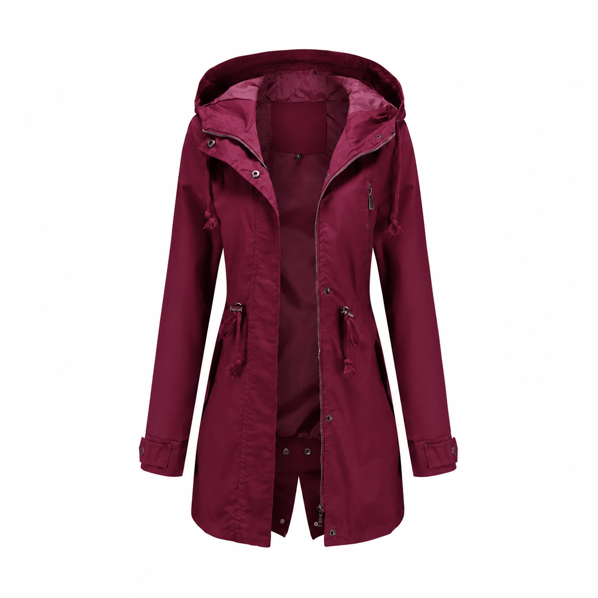 Grace - Women's Transitional Hooded Longline Jacket with Zip Closure - Rain Coat - Wine Red - Davies & Cooper