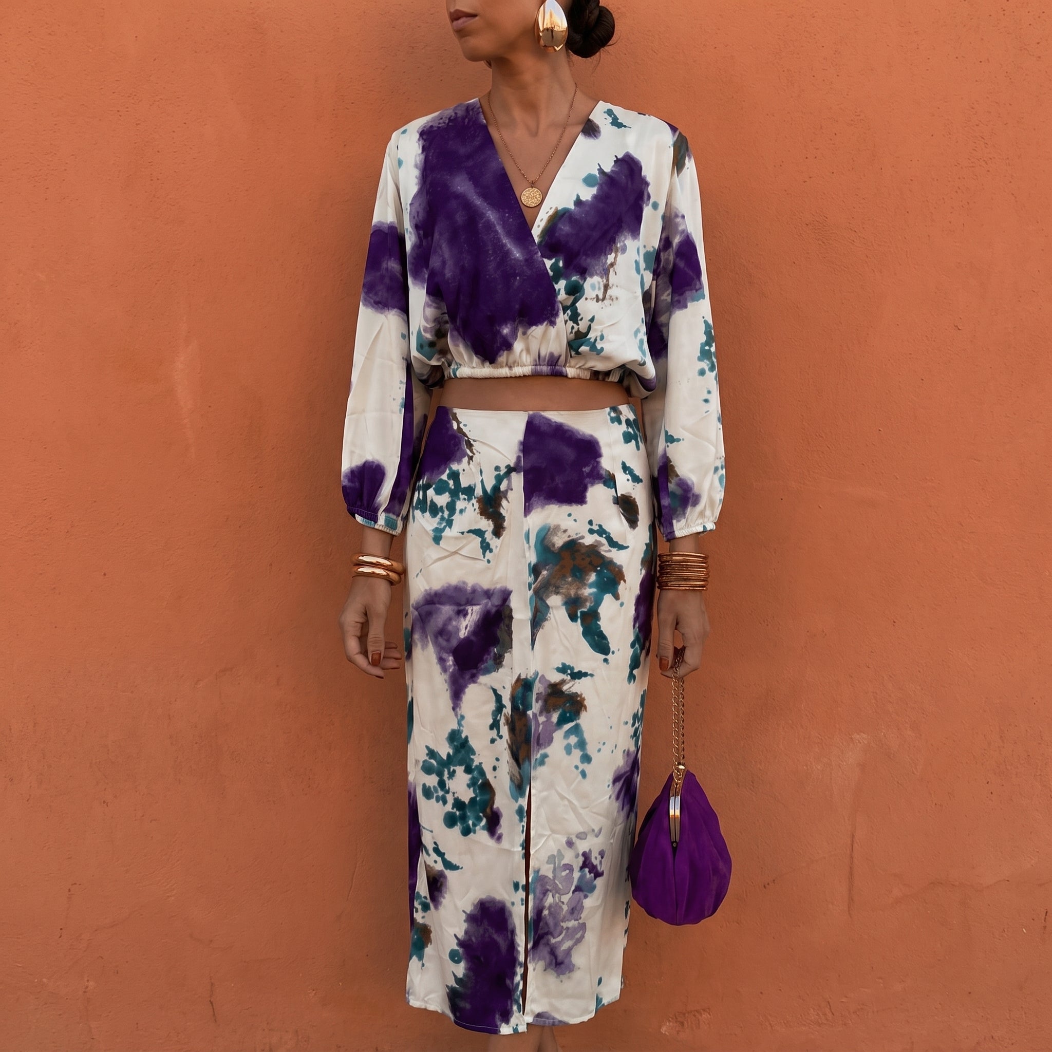 Hanna - Women's Abstract Print Long Sleeve Crop Top Midi Skirt Set - Dresses - Purple - Davies & Cooper