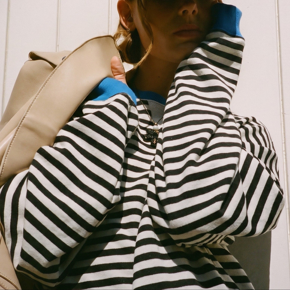 Hannah - Women's Oversized Striped Sweatshirt with Contrast Trim and Drop Shoulders - Sweater - Blue & Black - Davies & Cooper