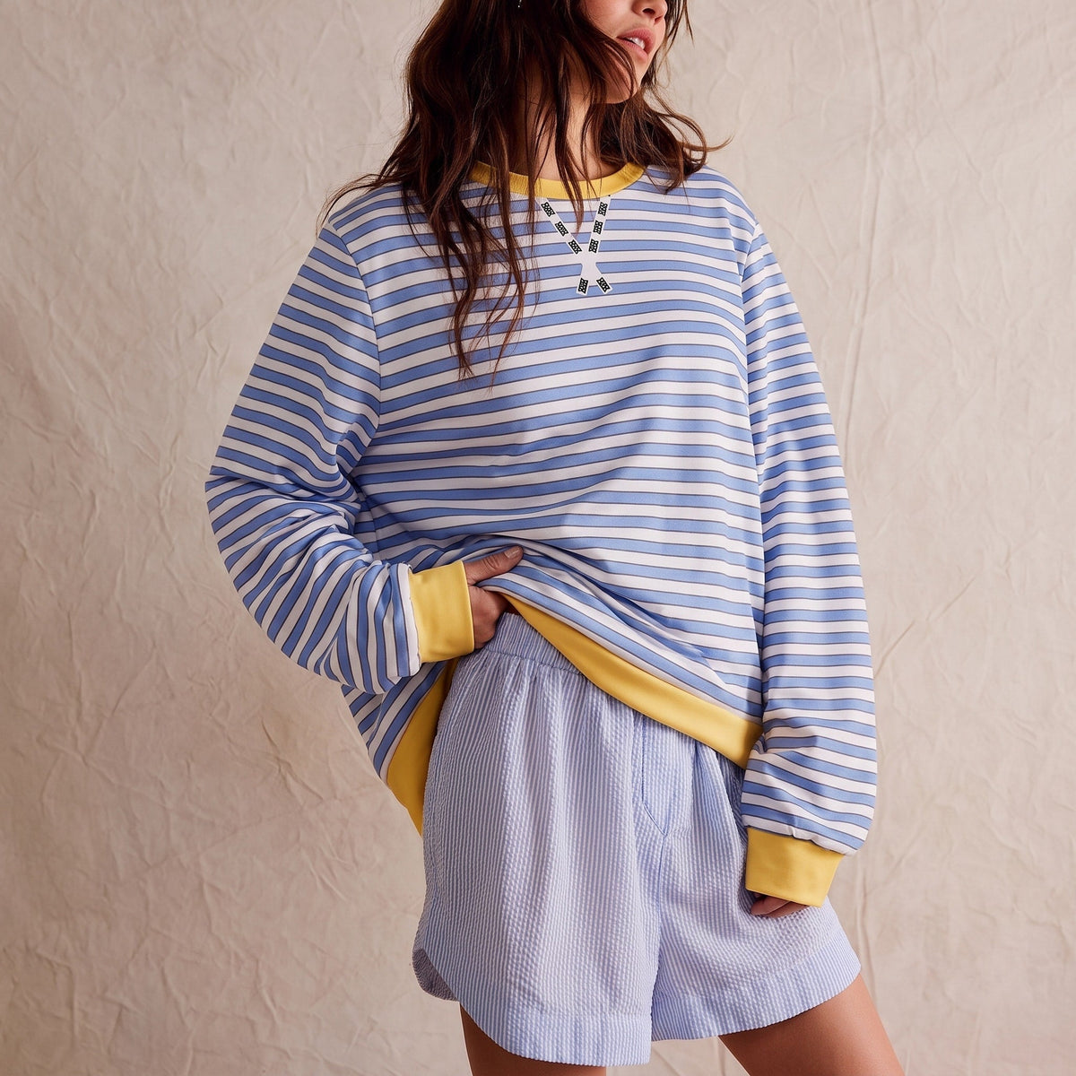 Hannah - Women's Oversized Striped Sweatshirt with Contrast Trim and Drop Shoulders - Sweater - Orange Stripes - Davies & Cooper