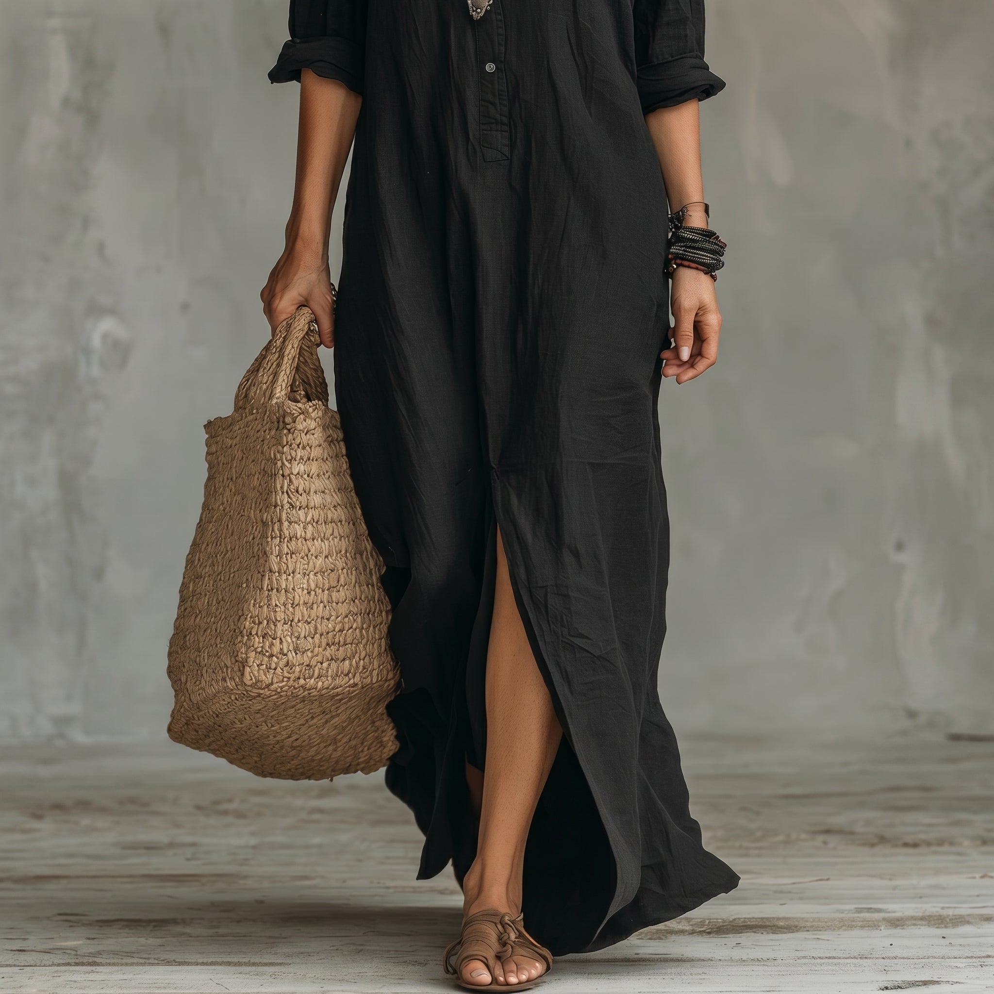 Hannah - Women's Summer Side Split Maxi Shirt Dress - Maxi Dress - Black - Davies & Cooper