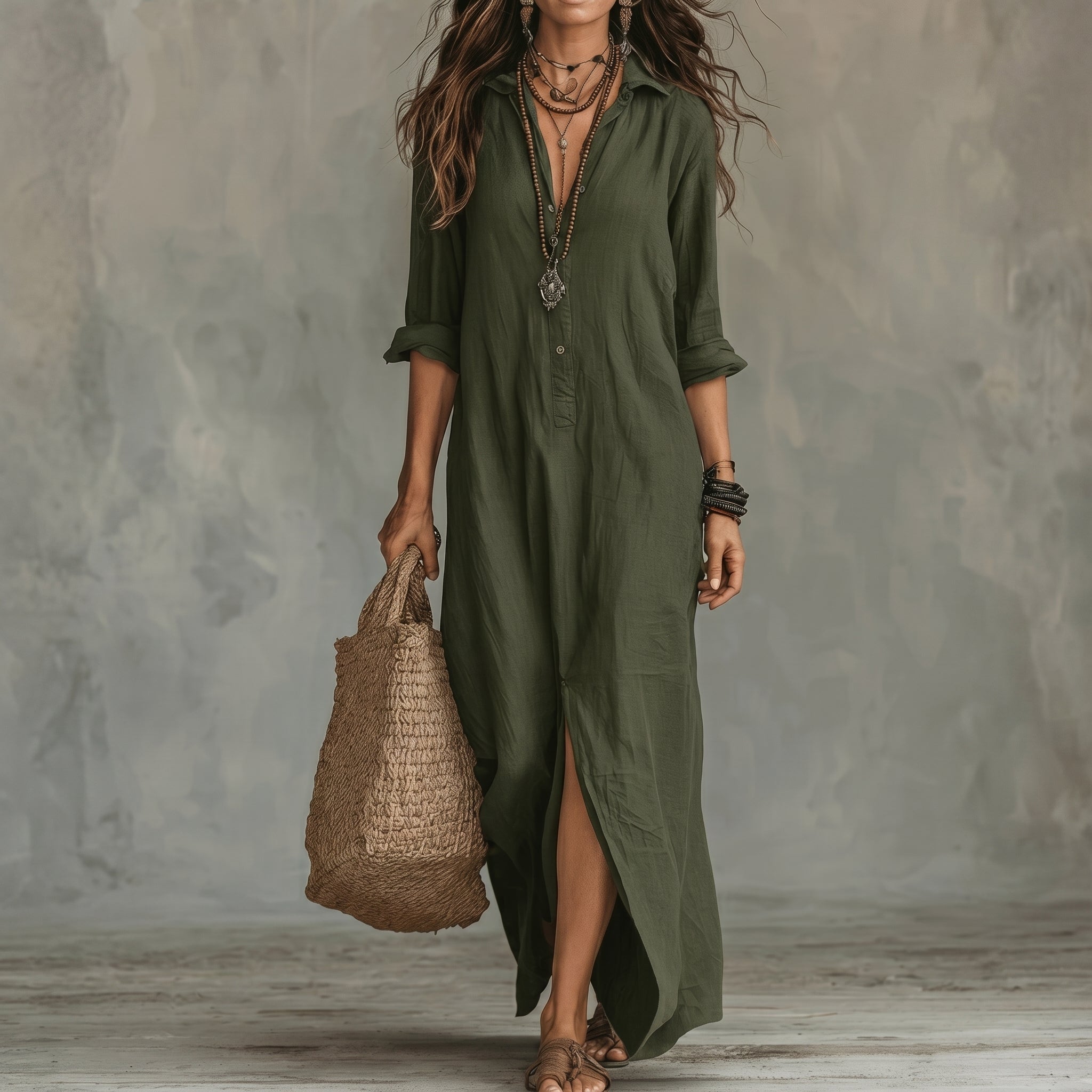 Hannah - Women's Summer Side Split Maxi Shirt Dress - Maxi Dress - Green - Davies & Cooper