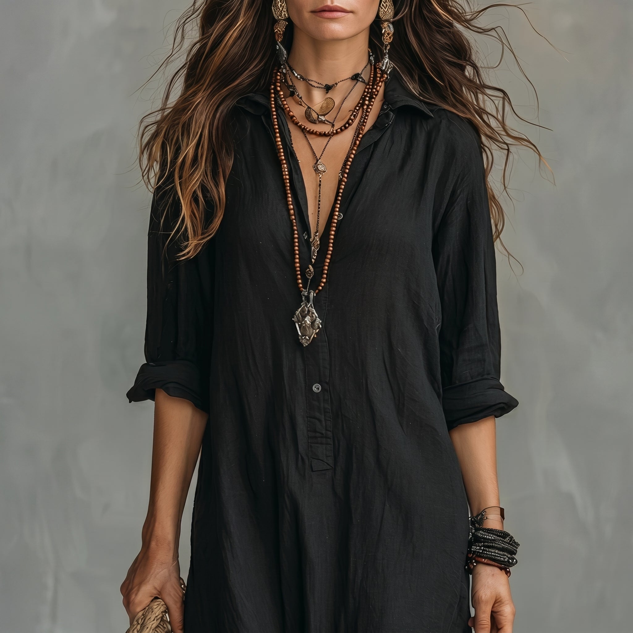 Hannah - Women's Summer Side Split Maxi Shirt Dress - Maxi Dress - Black - Davies & Cooper