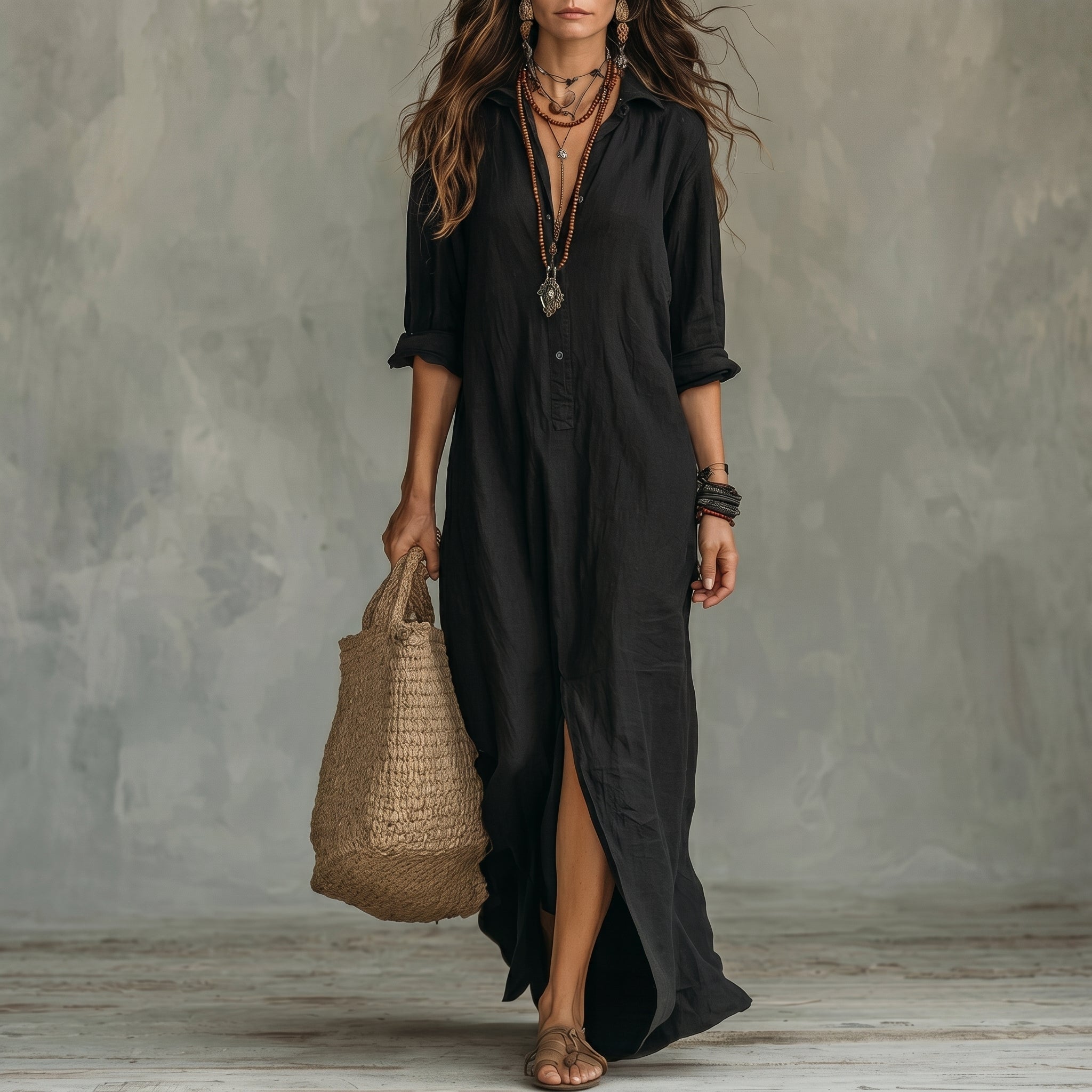 Hannah - Women's Summer Side Split Maxi Shirt Dress - Maxi Dress - Black - Davies & Cooper