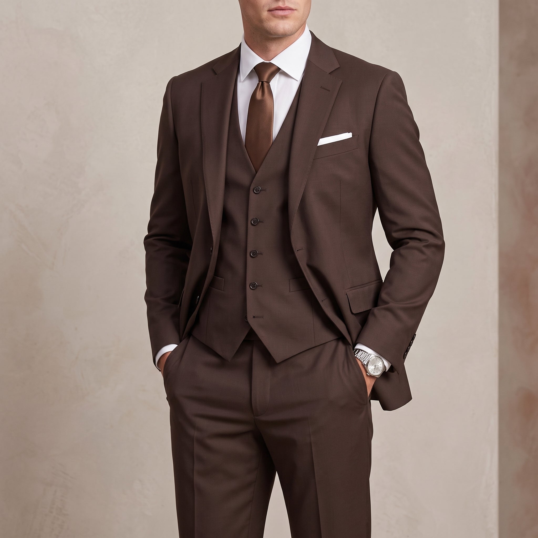 Hansel – Men's Tailored Fit Three-Piece Wedding Guest Suit - Suits - Brown - Davies & Cooper