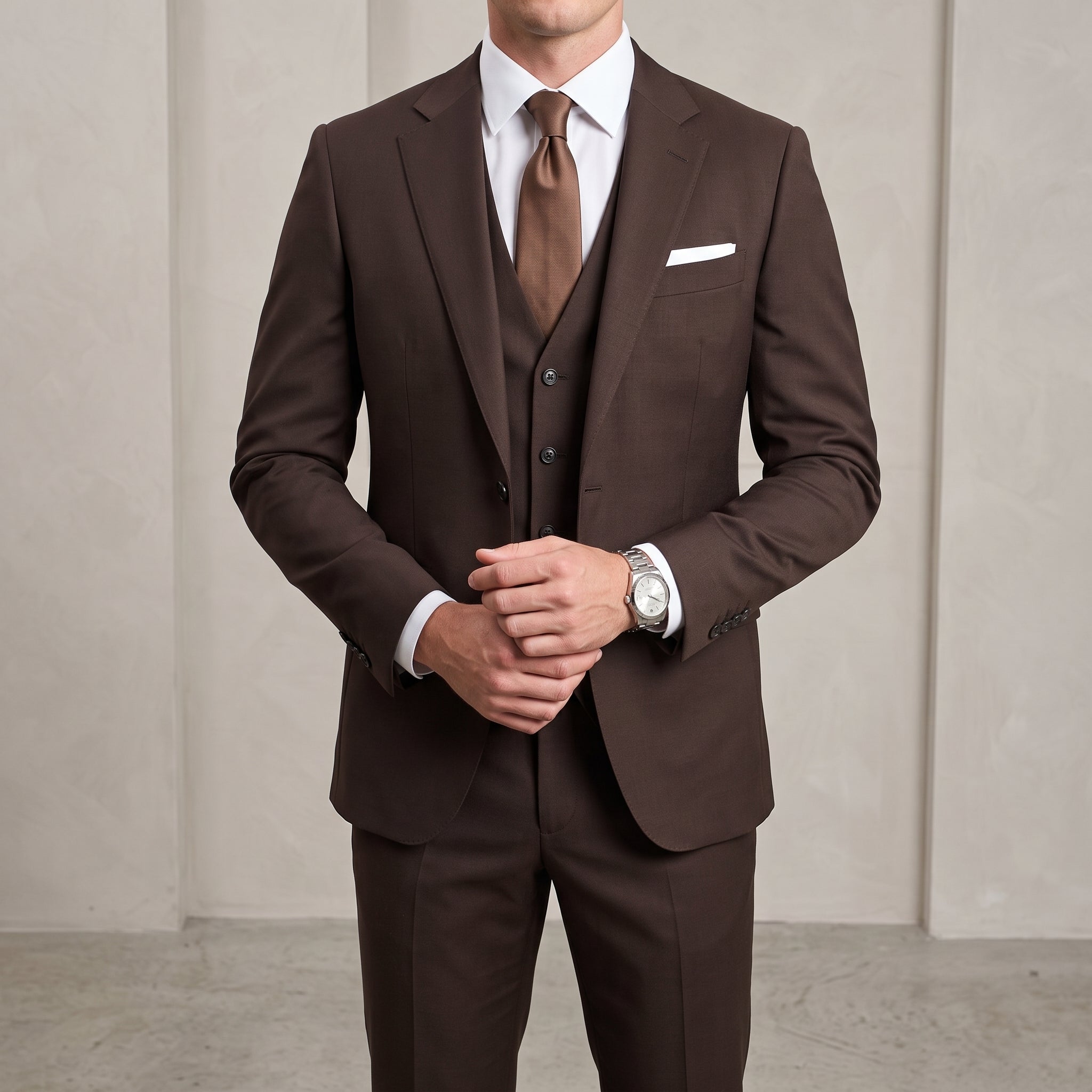 Hansel – Men's Tailored Fit Three-Piece Wedding Guest Suit - Suits - Brown - Davies & Cooper