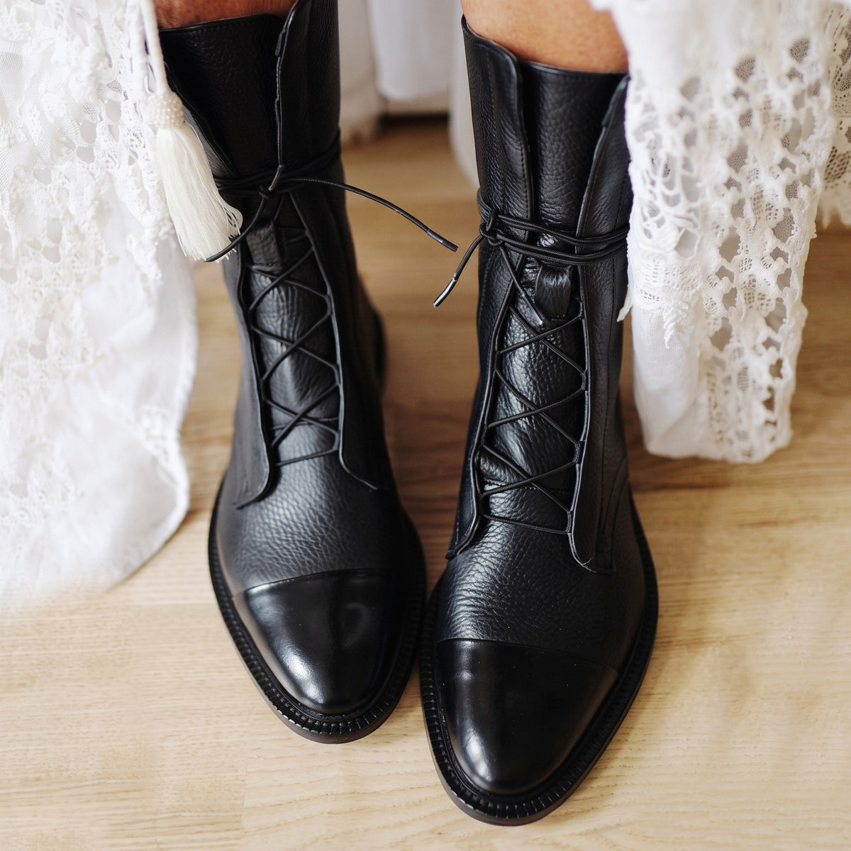 Harriet - Women's Lace-Up Ankle Boots with Cap Toe Detail - Boots - Black - Davies & Cooper