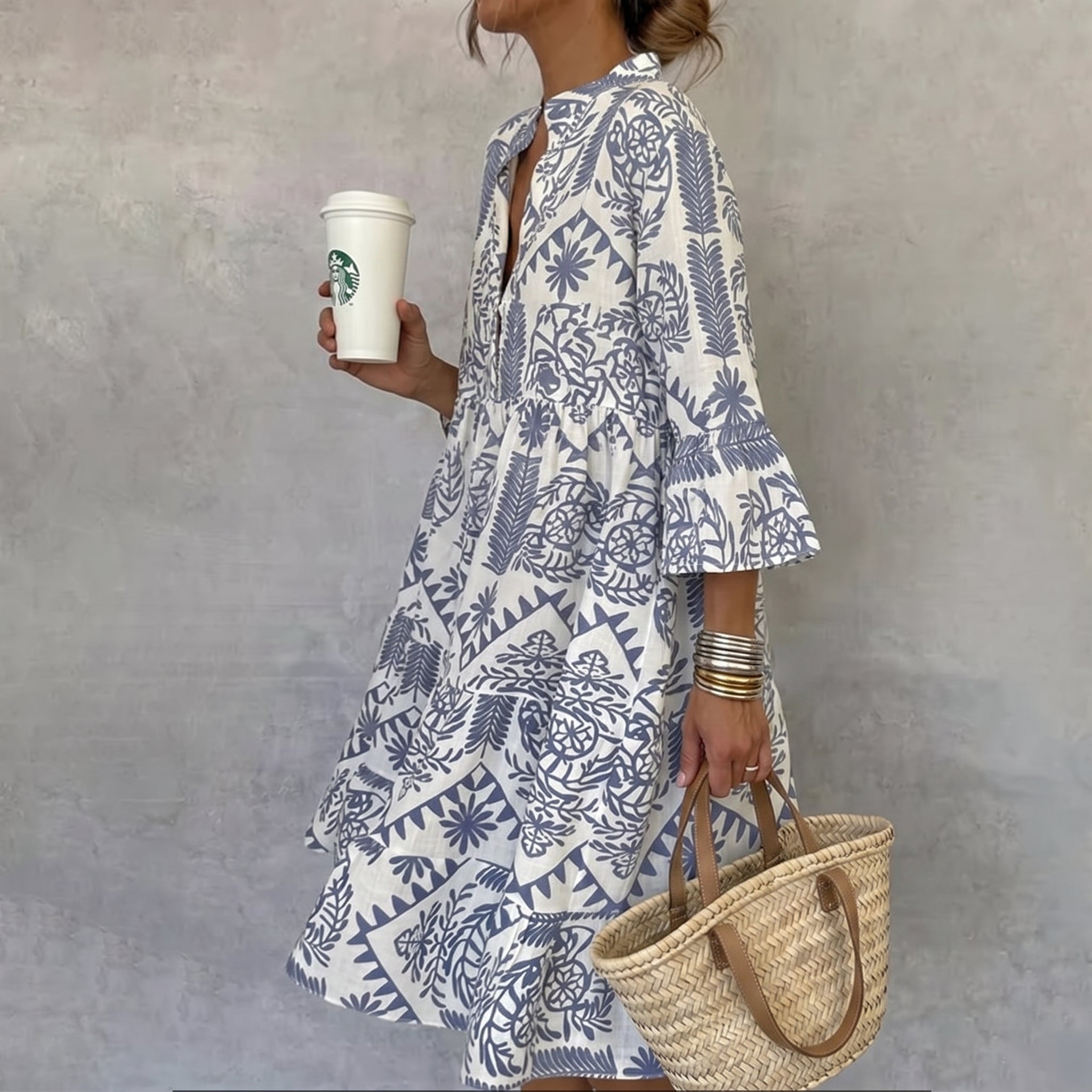 Harriet - Women's Summer Block Print Mini Dress - Mini Dress - Blue - Davies & Cooper