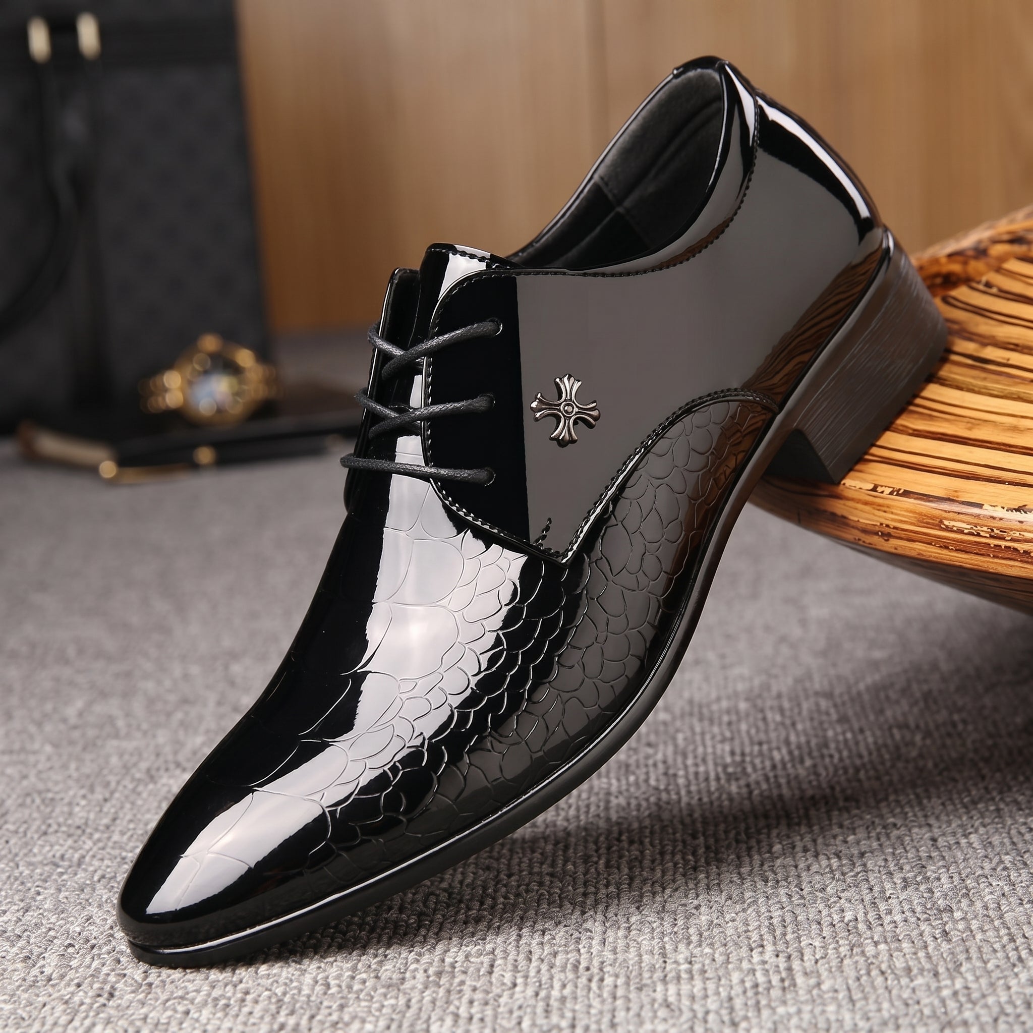 Harrison - Men's Glossy Pointed Toe Lace-Up Wedding Shoes