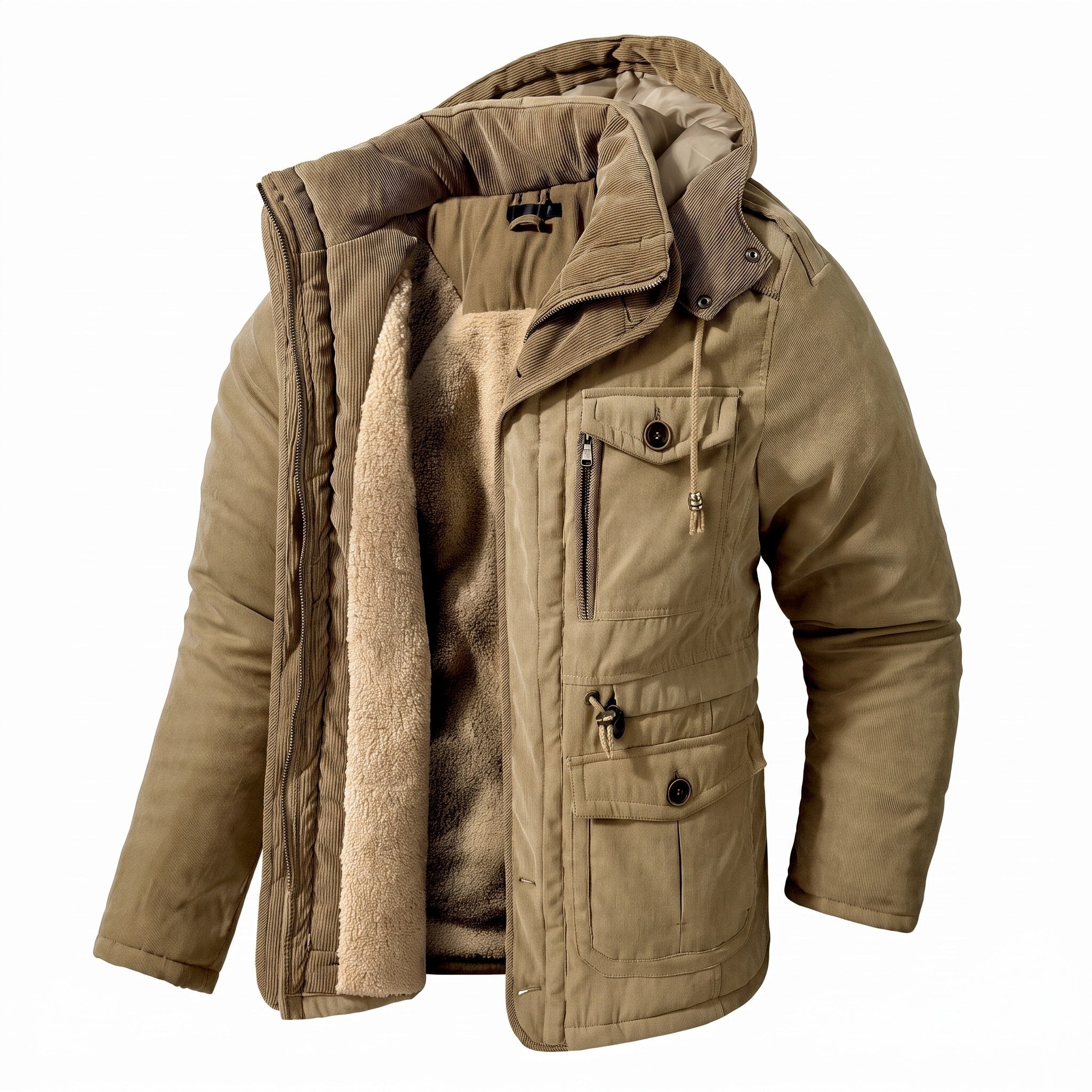 Harry - Men's Hooded Parka Jacket with Multiple Pockets - Khaki - Davies & Cooper
