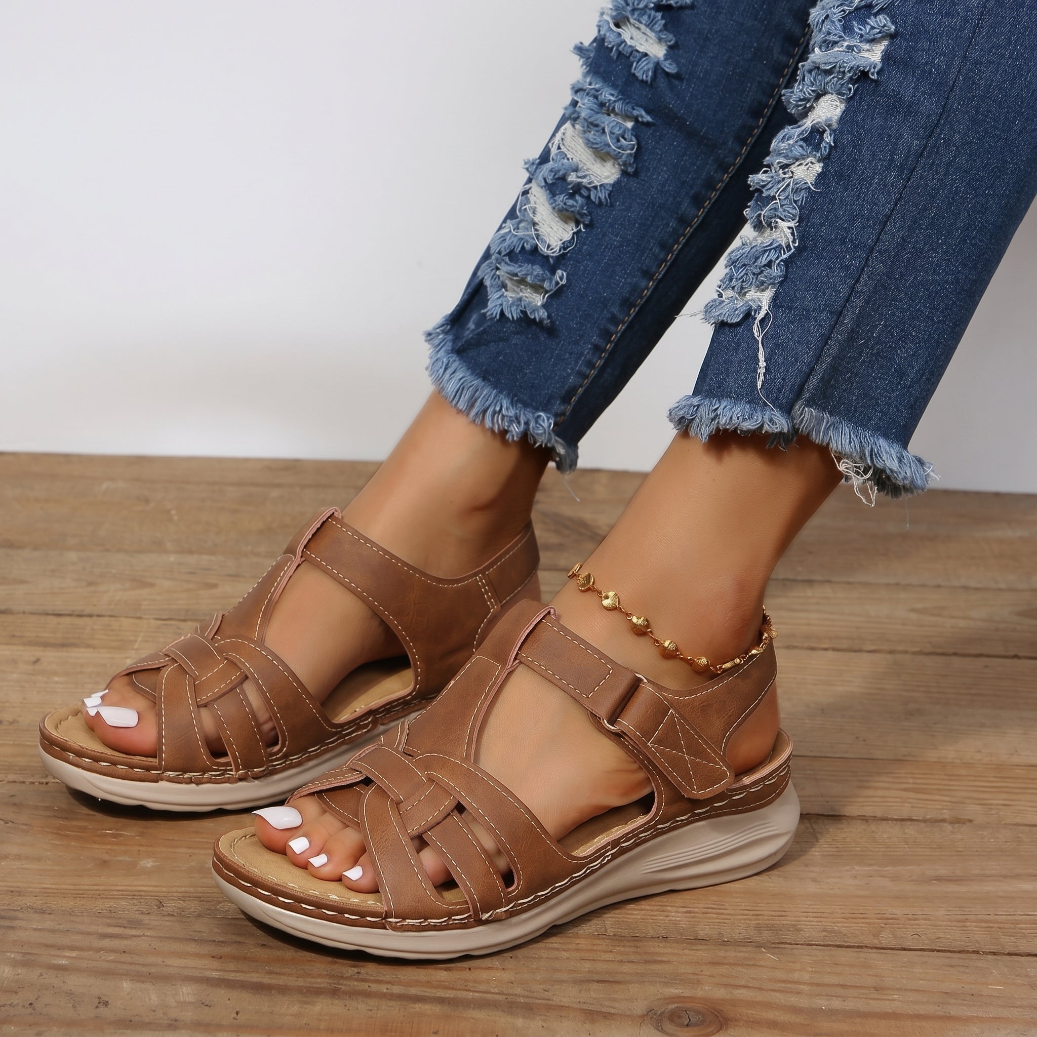 Helen - Women's Orthopaedic Velcro Strap Sandals - Sandal - Brown - Davies & Cooper