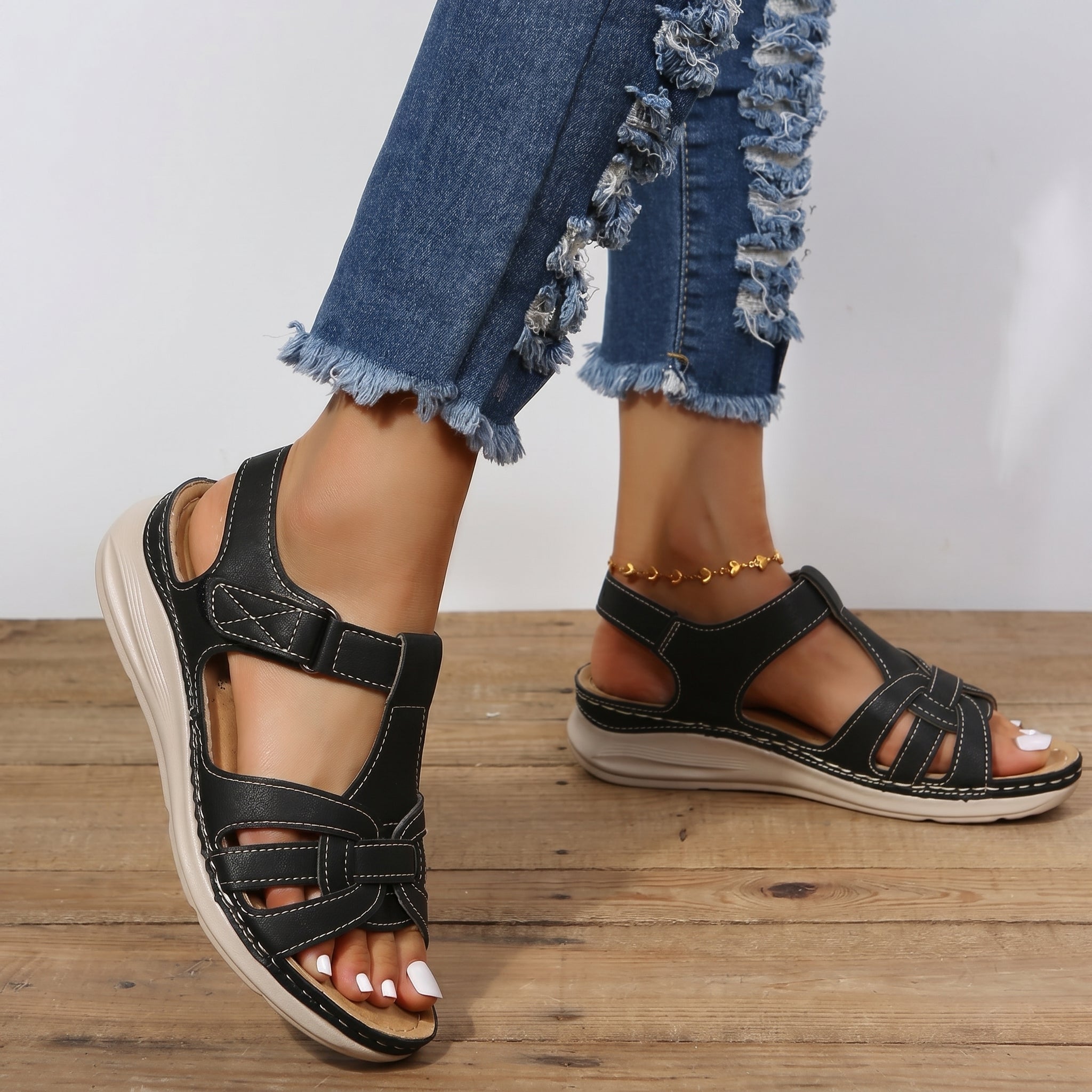 Helen - Women's Orthopaedic Velcro Strap Sandals - Sandal - Black - Davies & Cooper