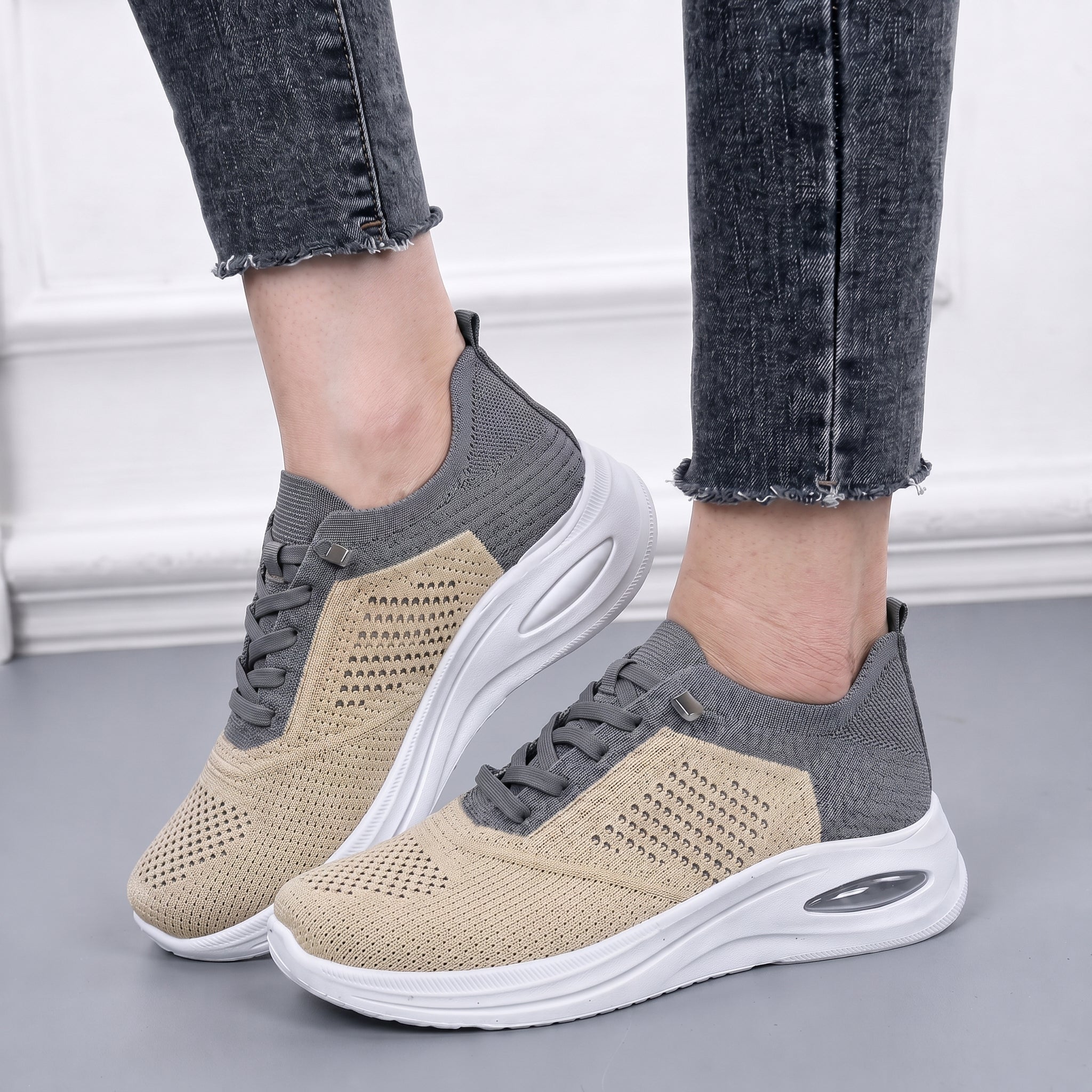 Helene - Women's Orthopaedic Lace-Up Cushioned Trainers - Orthopaedic Shoes - Beige - Davies & Cooper