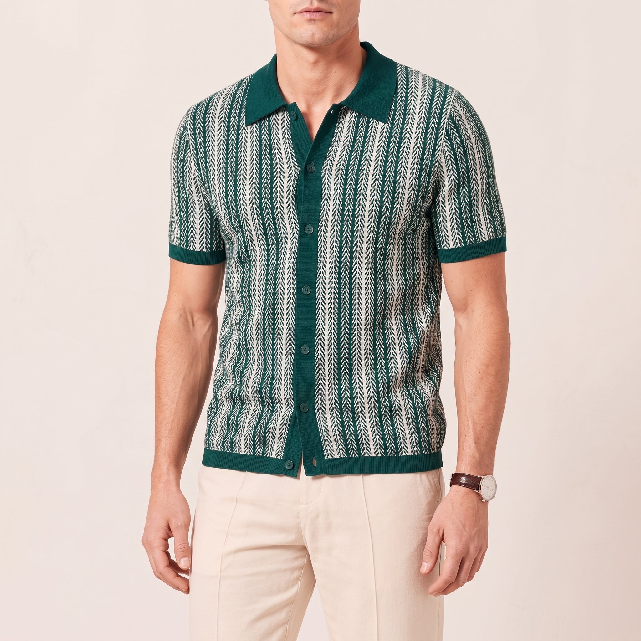 Henry - Men's Summer Button-Down Chevron Polo Shirt - Polos - Green - Davies & Cooper