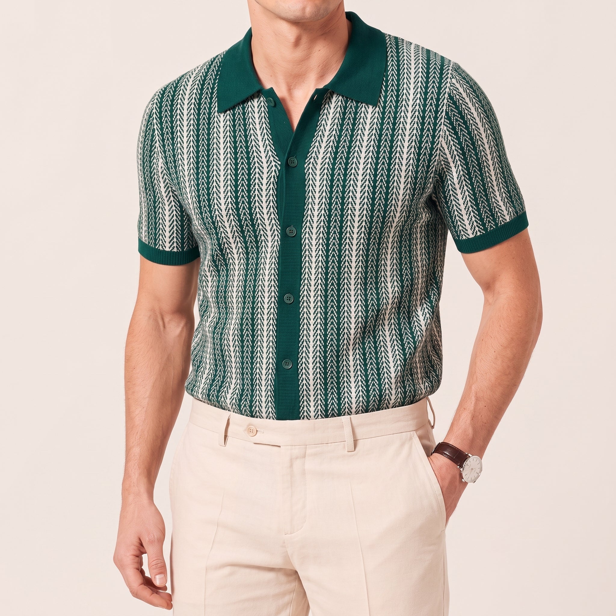 Henry - Men's Summer Button-Down Chevron Polo Shirt - Polos - Green - Davies & Cooper