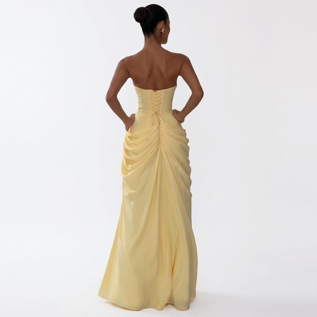 Hilda - Women's Evening Strapless Draped Maxi Dress with Split - Maxi Dresses - Yellow - Davies & Cooper