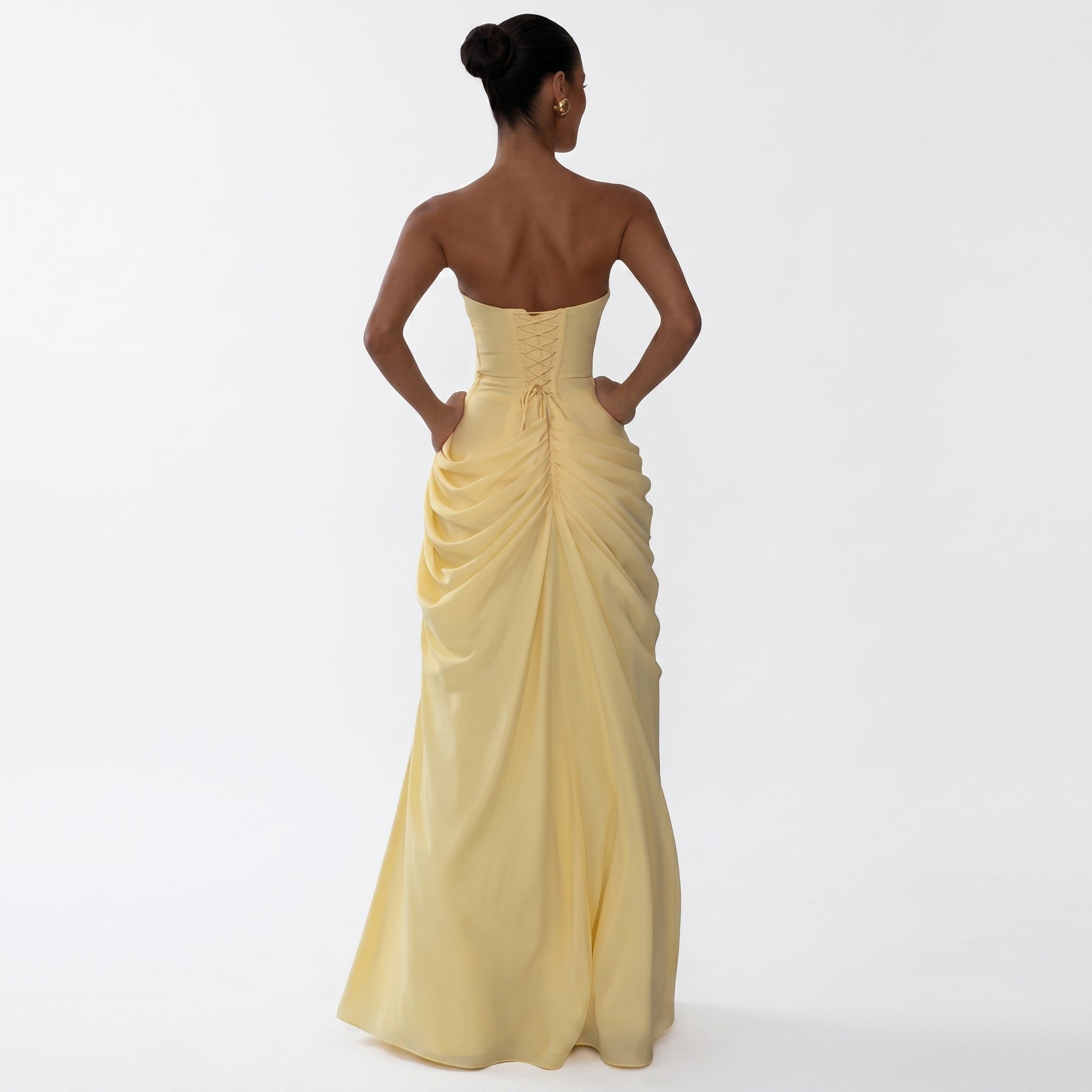 Hilda - Women's Evening Strapless Draped Maxi Dress with Split - Maxi Dresses - Yellow - Davies & Cooper