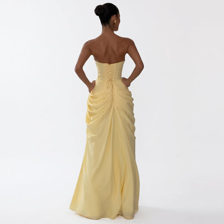 Hilda - Women's Evening Strapless Draped Maxi Dress with Split - Maxi Dresses - Yellow - Davies & Cooper