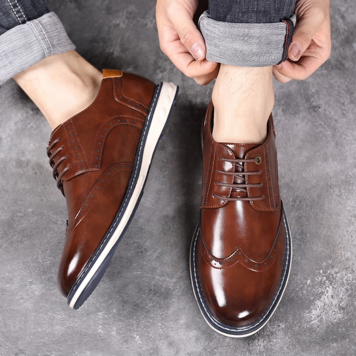 Hudson - Men's Brogue Oxford Shoes with Contrasting Sole - Shoes - Brown - Davies & Cooper
