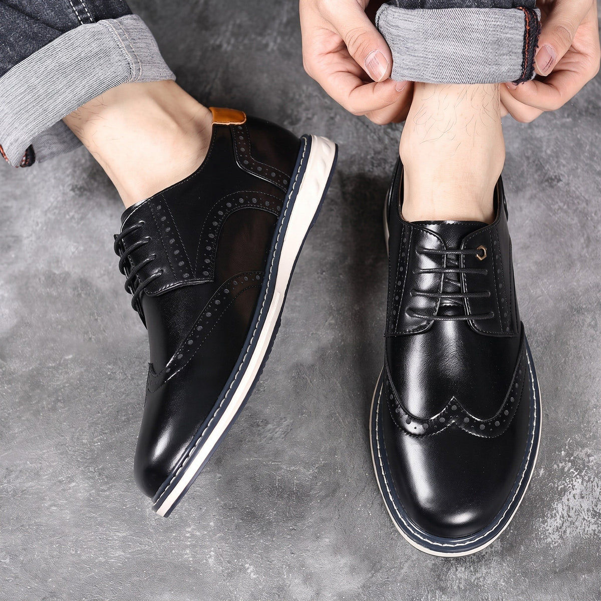 Hudson - Men's Brogue Oxford Shoes with Contrasting Sole - Shoes - Black - Davies & Cooper