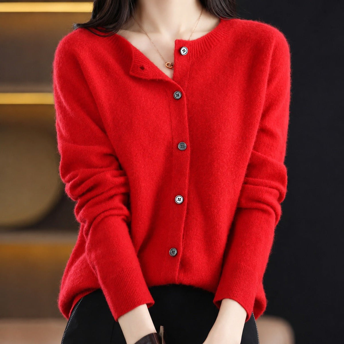 Ina - Women's Round Neck Button-Front Knit Cardigan - Cardigans - Red - Davies & Cooper