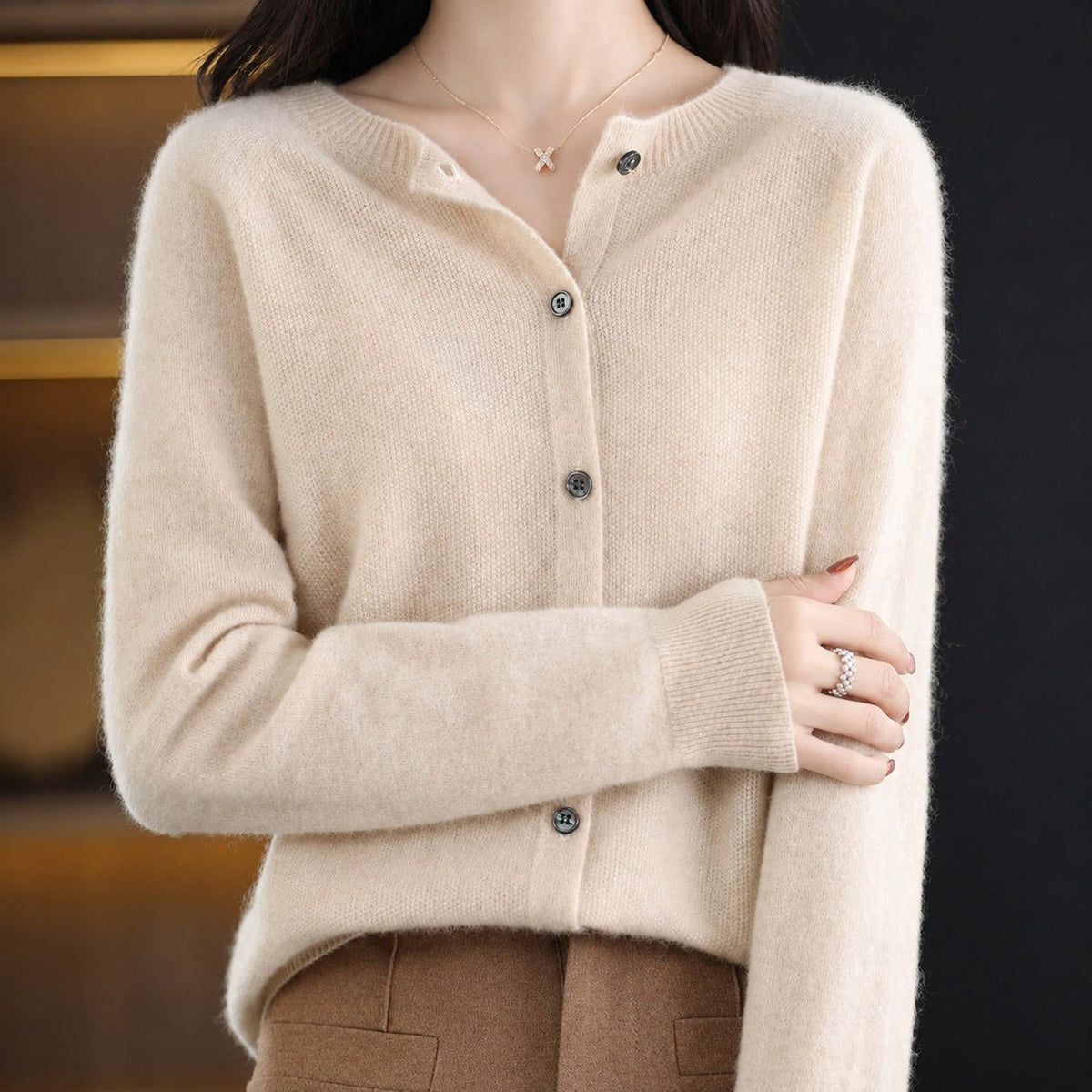 Ina - Women's Round Neck Button-Front Knit Cardigan - Cardigans - Khaki - Davies & Cooper