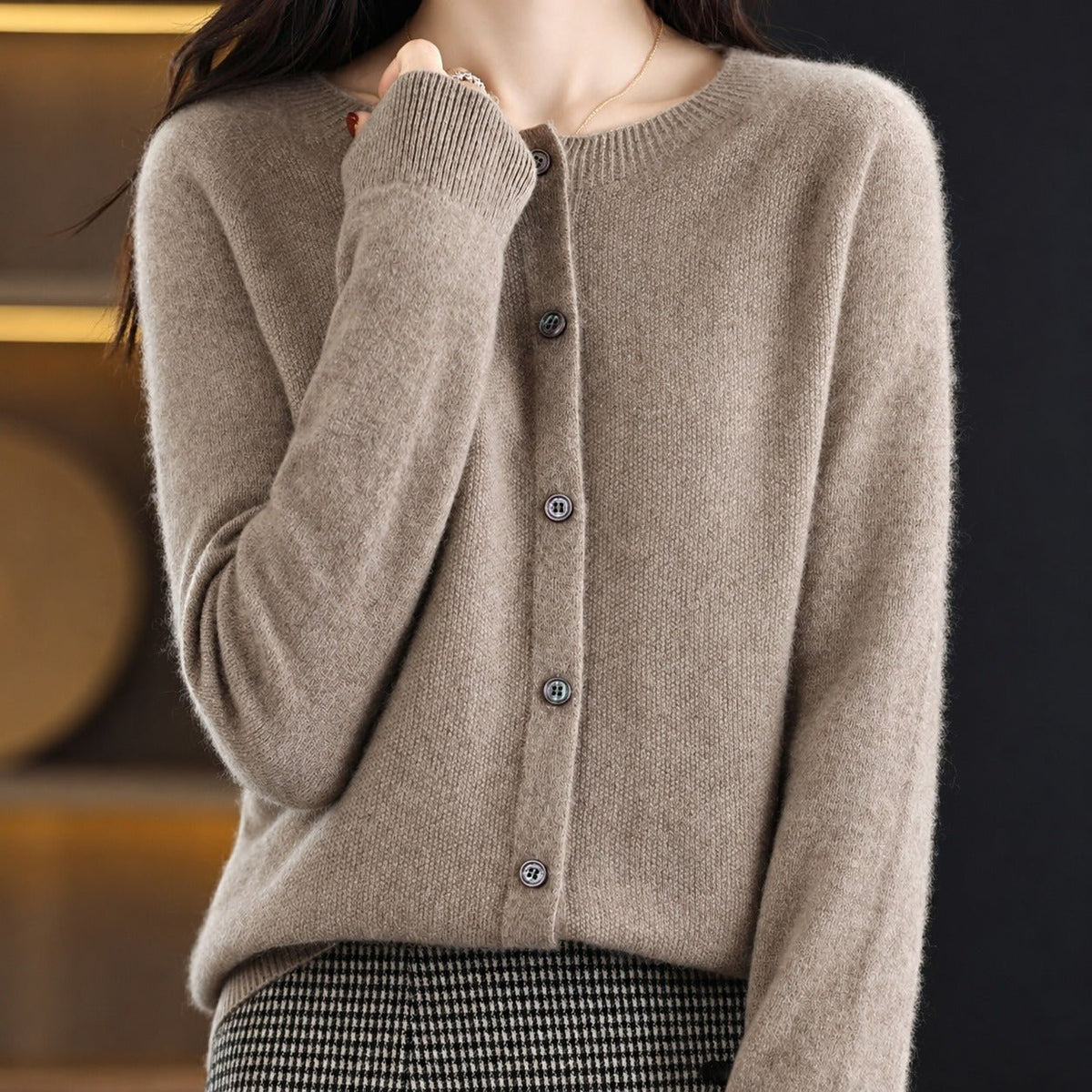 Ina - Women's Round Neck Button-Front Knit Cardigan - Cardigans - Brown - Davies & Cooper