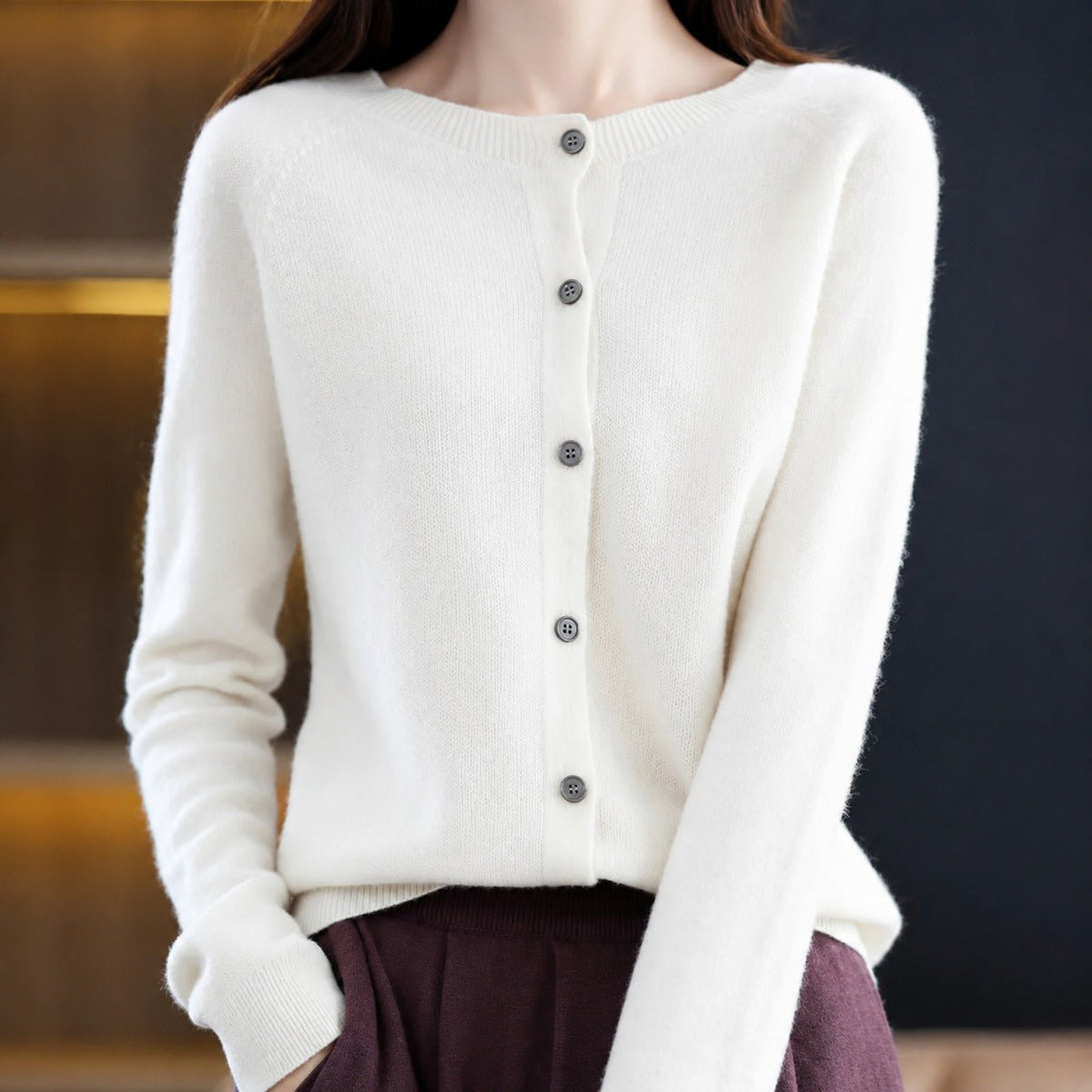 Ina - Women's Round Neck Button-Front Knit Cardigan - Cardigans - White - Davies & Cooper