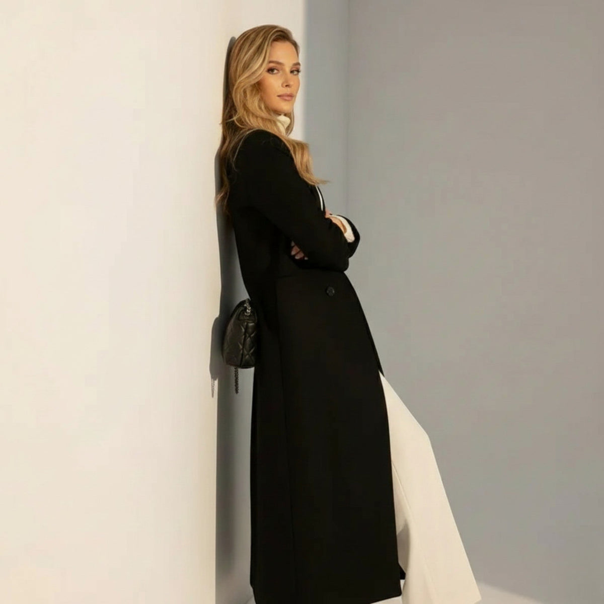 Ines – Women's Longline Tailored Coat - Trench Coats - Black - Davies & Cooper
