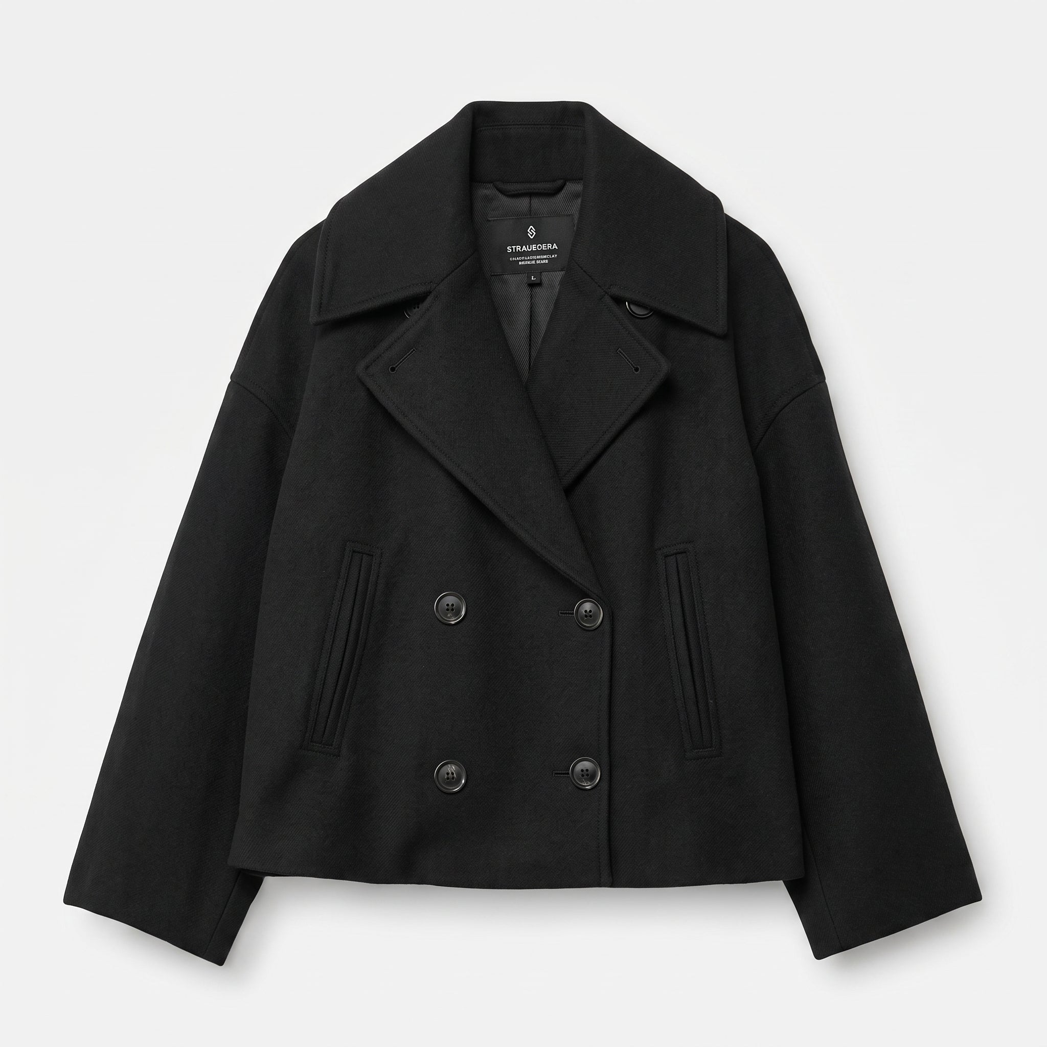 Isabell -Women's Cropped Pea Coat with Double-Breasted Front - Pea Coats - Black - Davies & Cooper