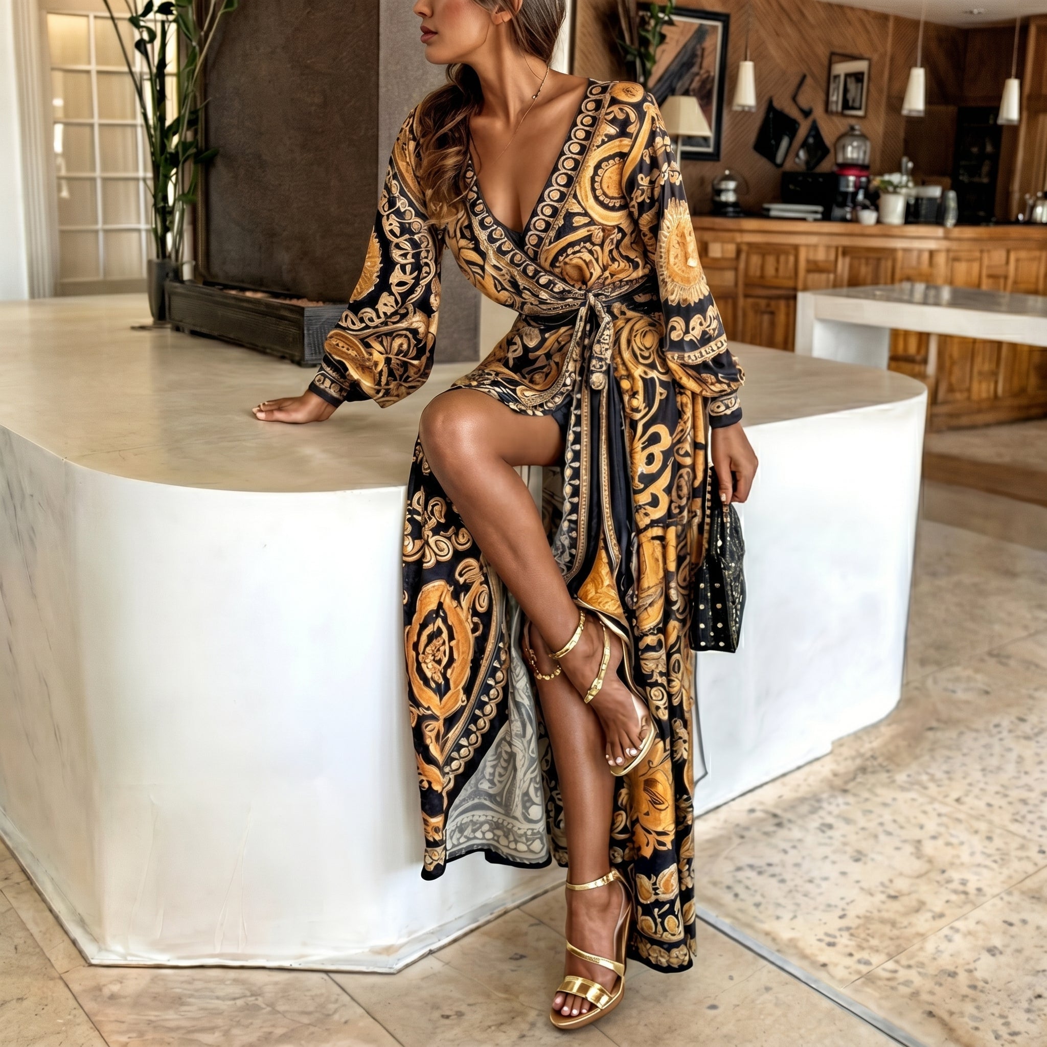 Isabella - Women's Evening Baroque Print Split Maxi Dress - Maxi Dress - Yellow - Davies & Cooper
