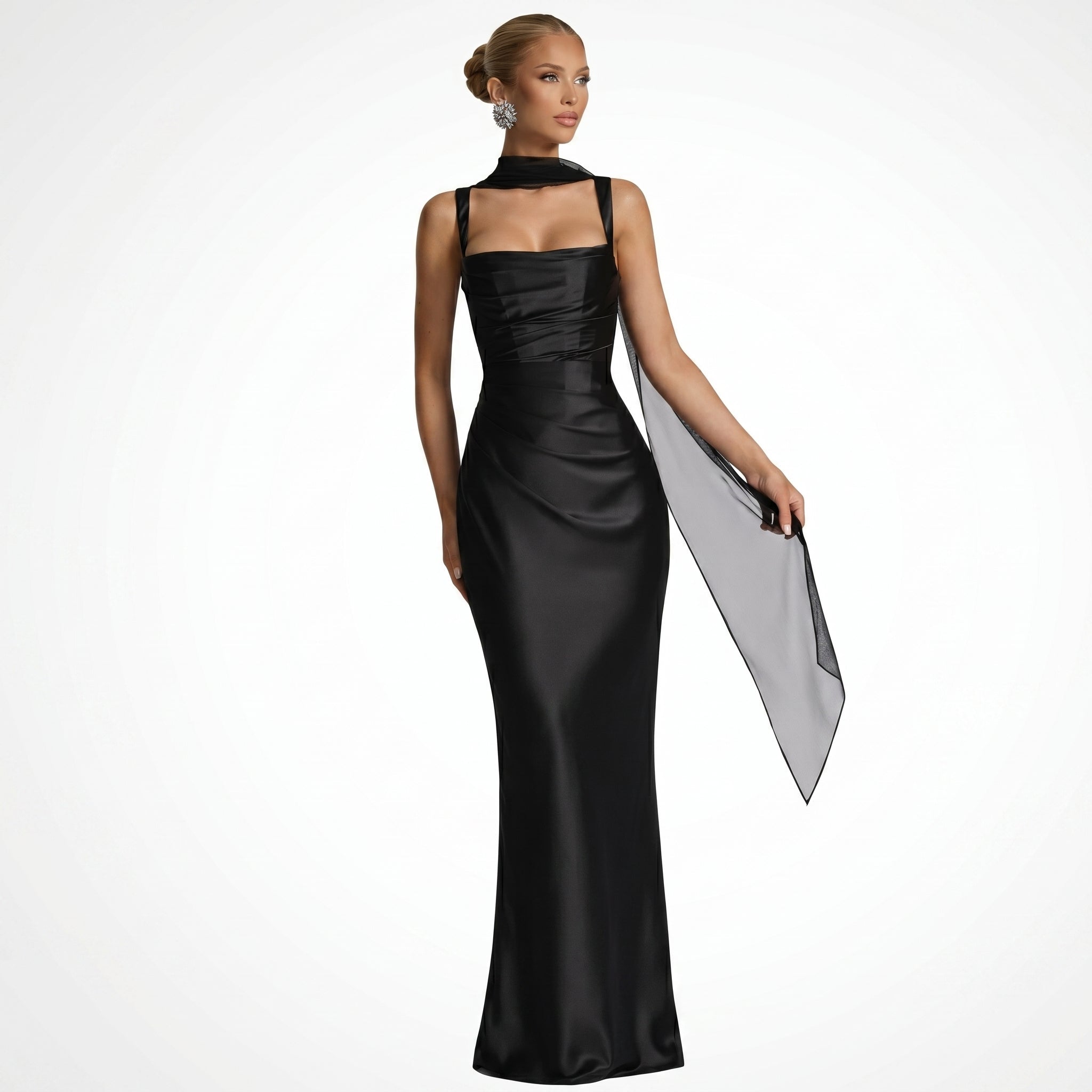 Isabella - Women's Evening Ruched Sheer Scarf Maxi Dress - Maxi Dress - Black - Davies & Cooper