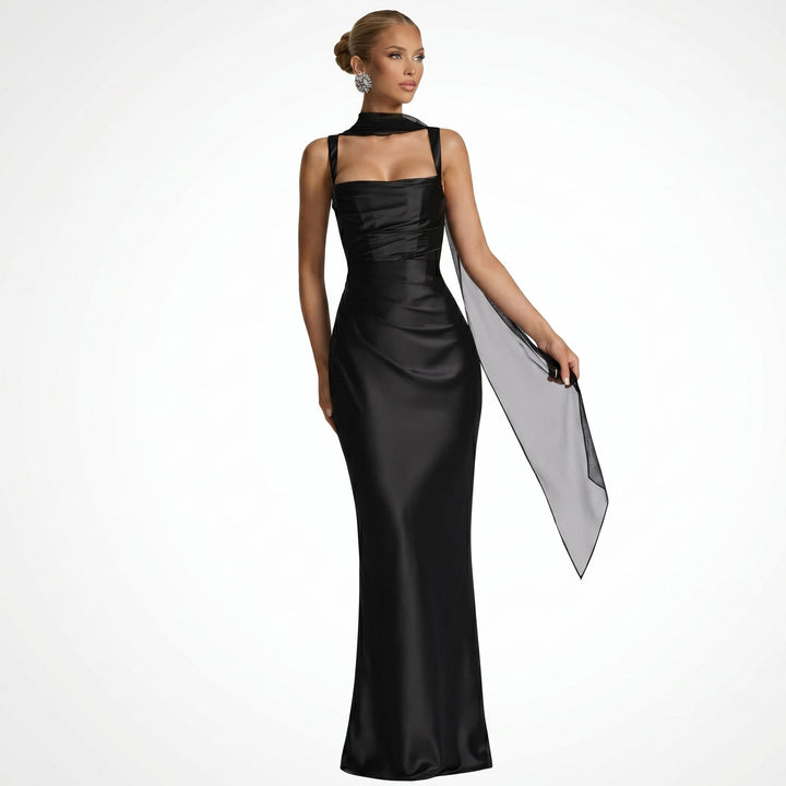 Isabella - Women's Evening Ruched Sheer Scarf Maxi Dress - Maxi Dress - Black - Davies & Cooper