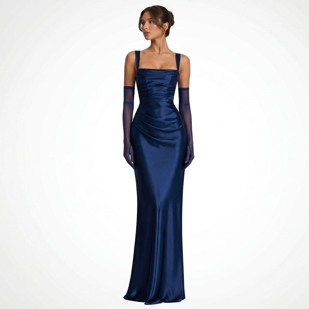 Isabella - Women's Evening Ruched Sheer Scarf Maxi Dress - Maxi Dress - Navy Blue - Davies & Cooper