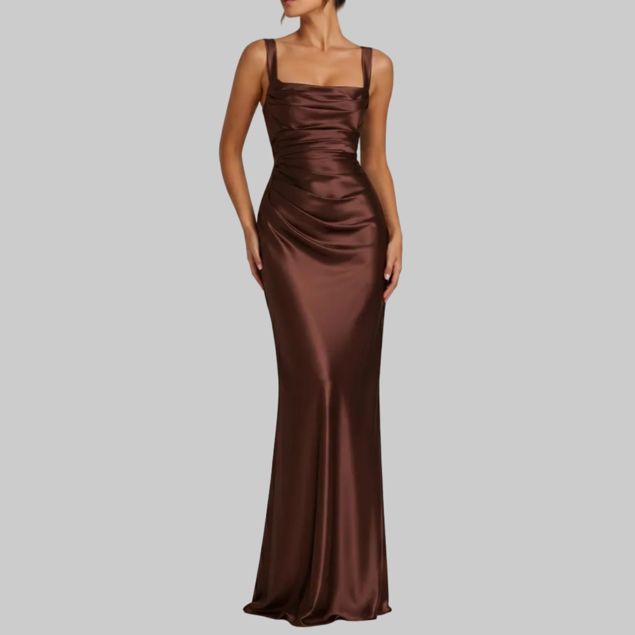 Isabella - Women's Evening Ruched Sheer Scarf Maxi Dress - Maxi Dress - Brown - Davies & Cooper