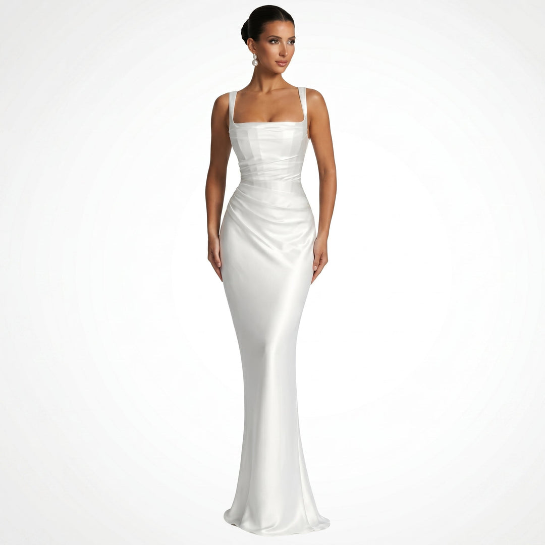 Isabella - Women's Evening Ruched Sheer Scarf Maxi Dress - Maxi Dress - White - Davies & Cooper