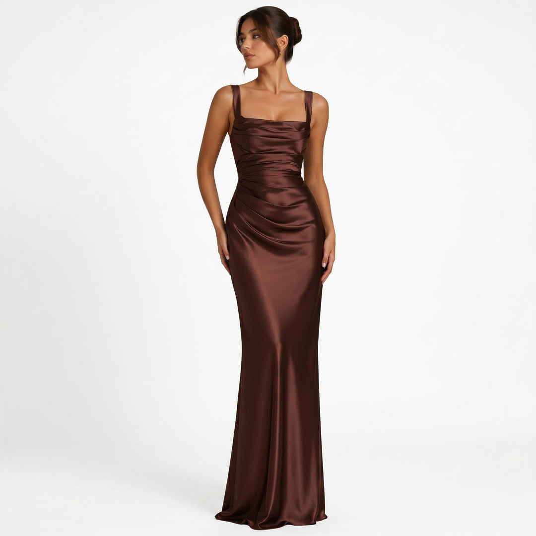 Isabella - Women's Evening Ruched Sheer Scarf Maxi Dress - Maxi Dress - Brown - Davies & Cooper