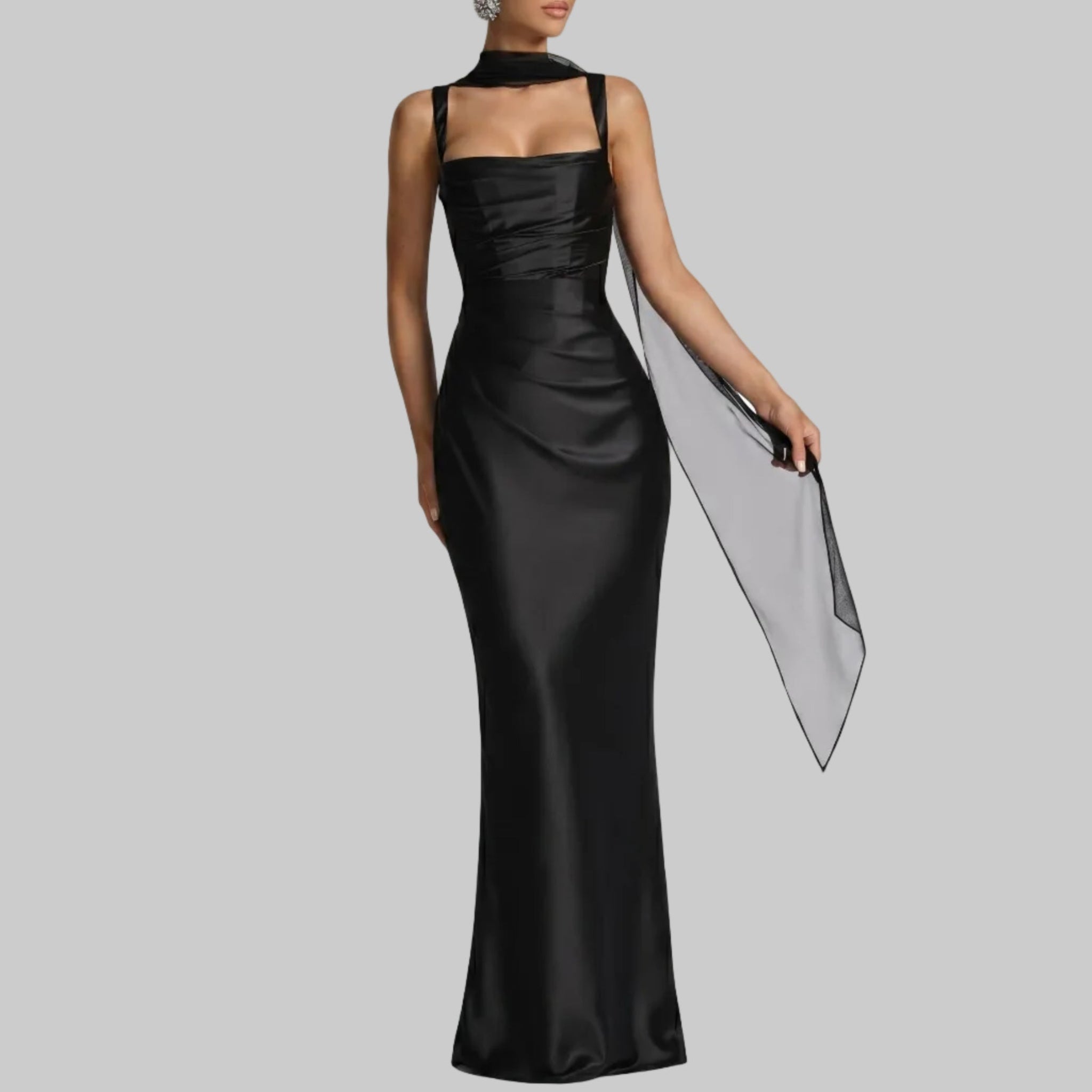 Isabella - Women's Evening Ruched Sheer Scarf Maxi Dress - Maxi Dress - Black - Davies & Cooper