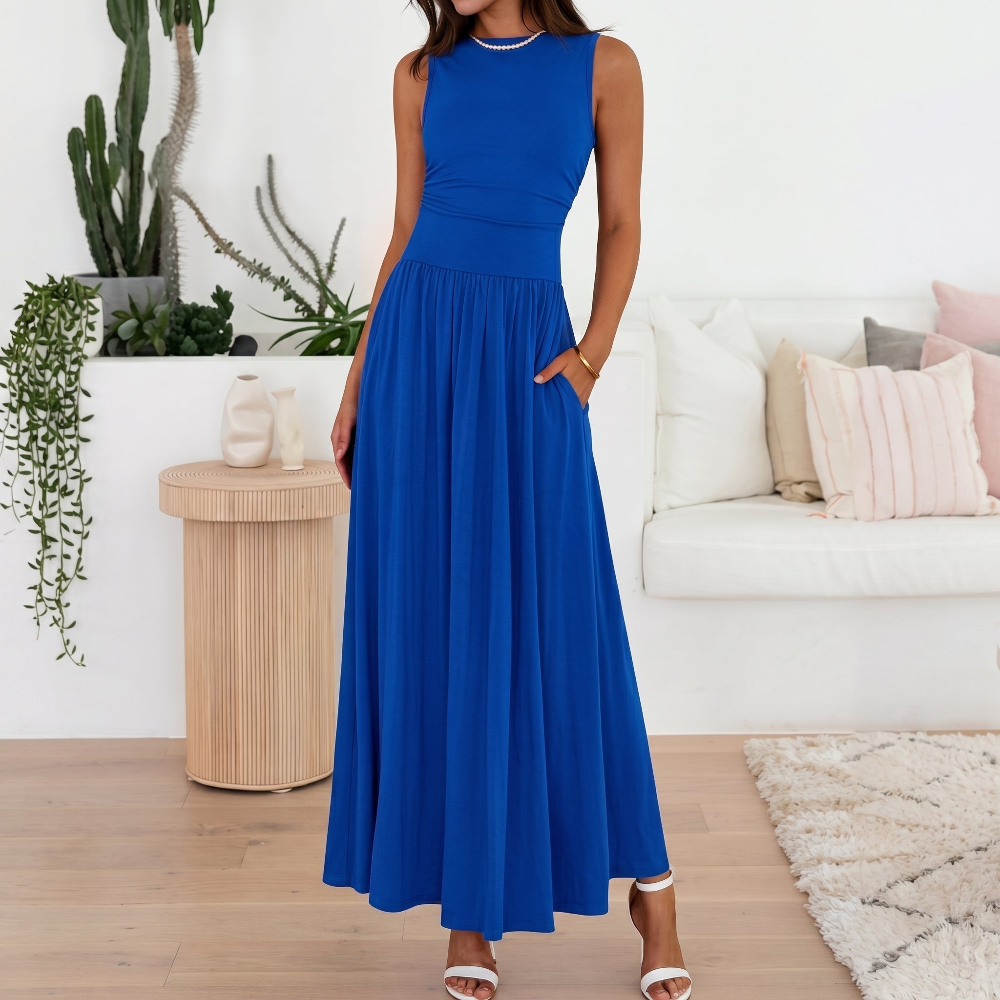Isabella - Women's Summer Ruched Waist Maxi Dress - Maxi Dress - Blue - Davies & Cooper