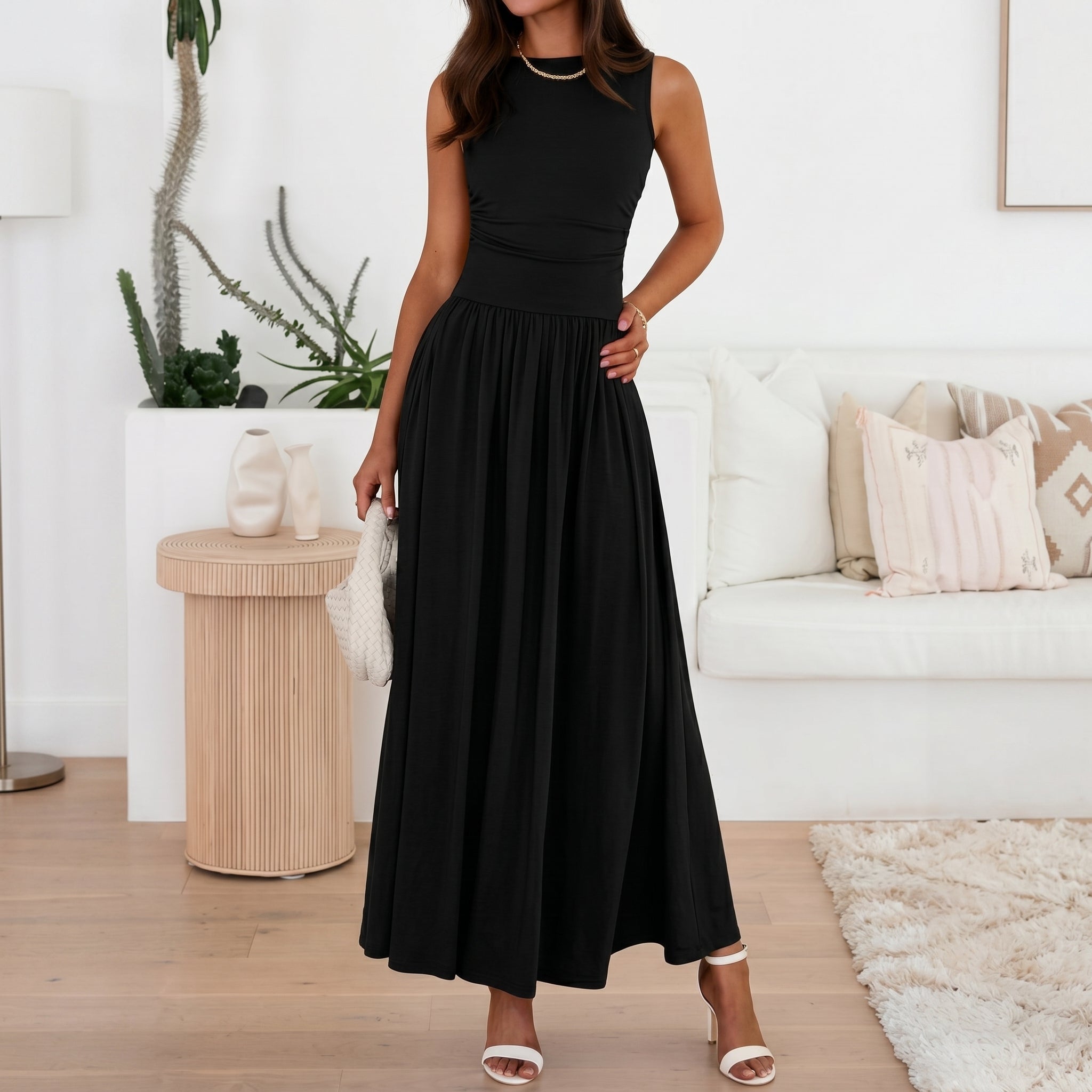 Isabella - Women's Summer Ruched Waist Maxi Dress - Maxi Dress - Black - Davies & Cooper