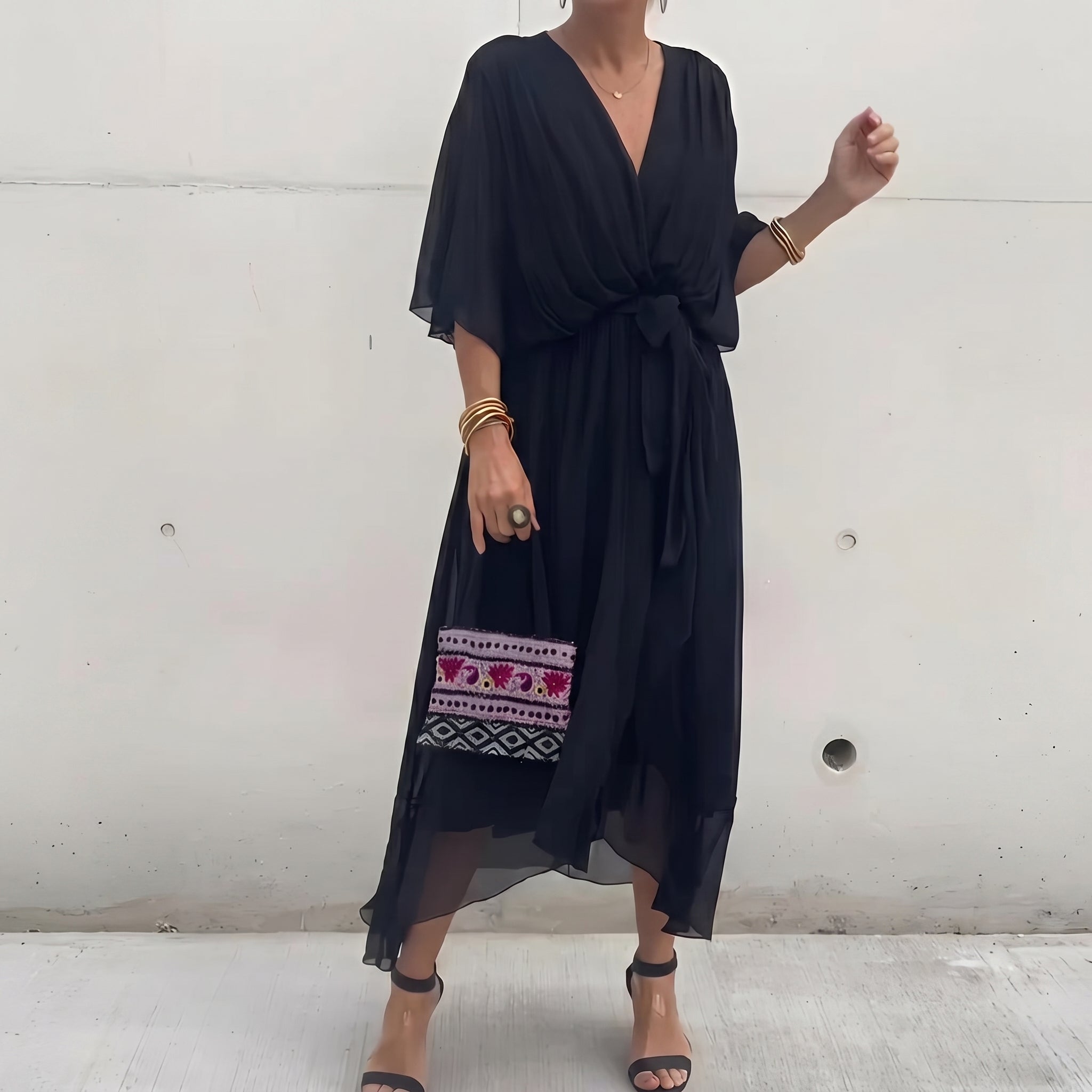 Isabella - Women's Summer Wrap Batwing Maxi Dress - Maxi Dress - Black - Davies & Cooper