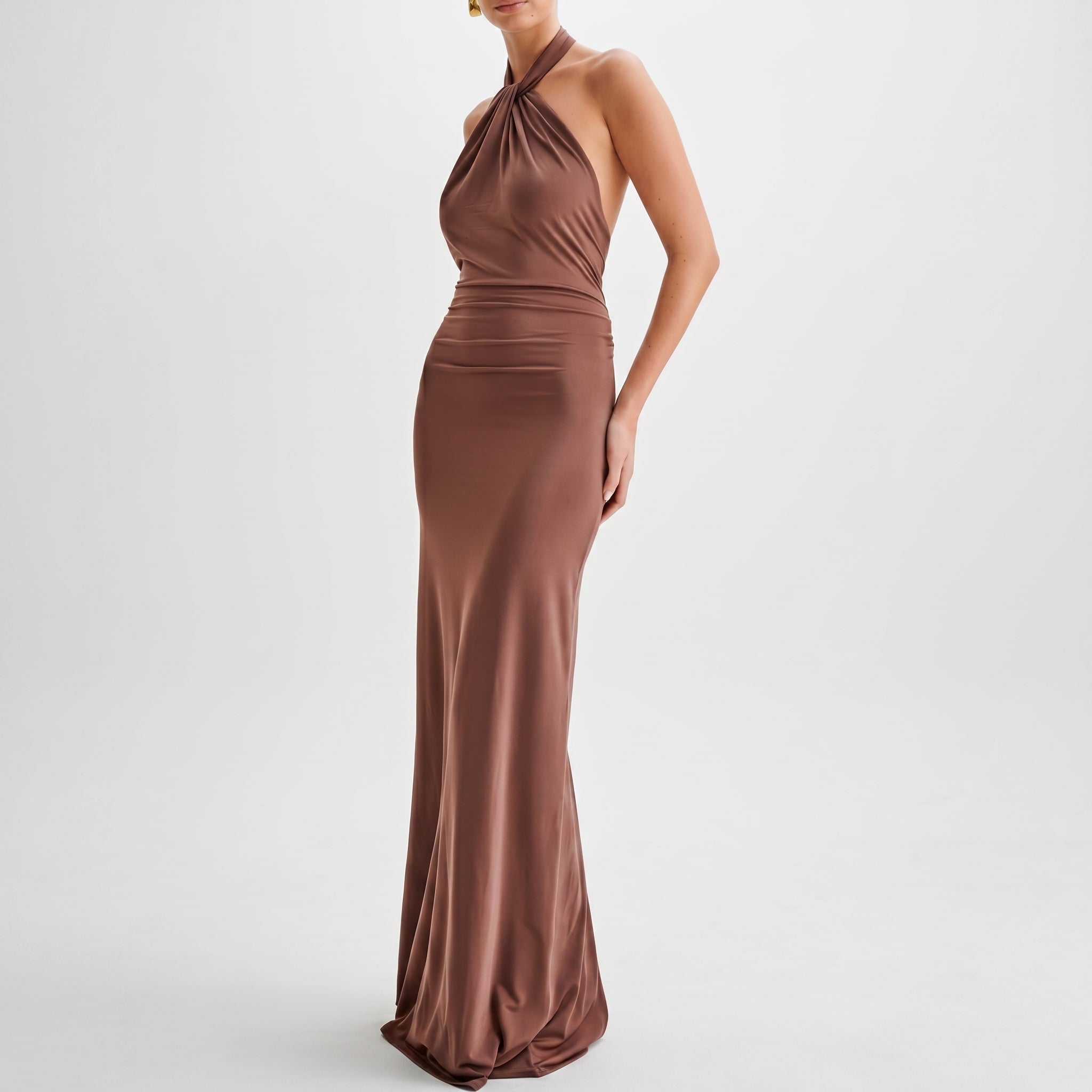 Isabella - Women's Wedding Guest Twisted Halter Neck Maxi Dress - Dresses - Brown - Davies & Cooper
