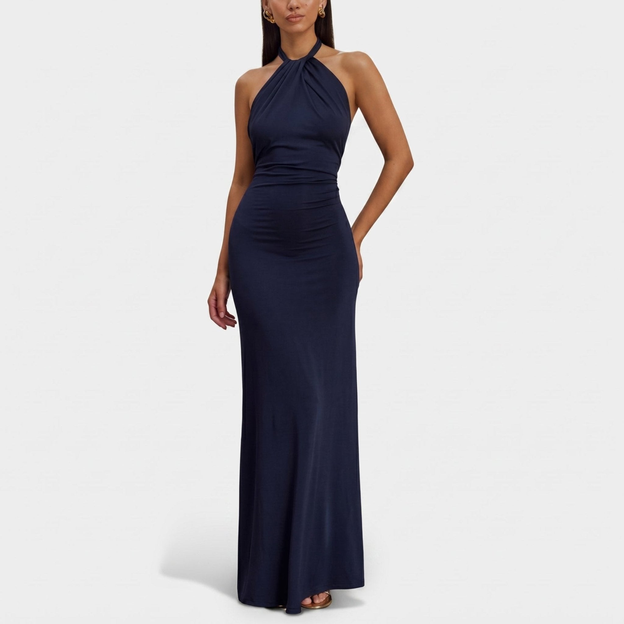 Isabella - Women's Wedding Guest Twisted Halter Neck Maxi Dress - Dresses - Navy Blue - Davies & Cooper