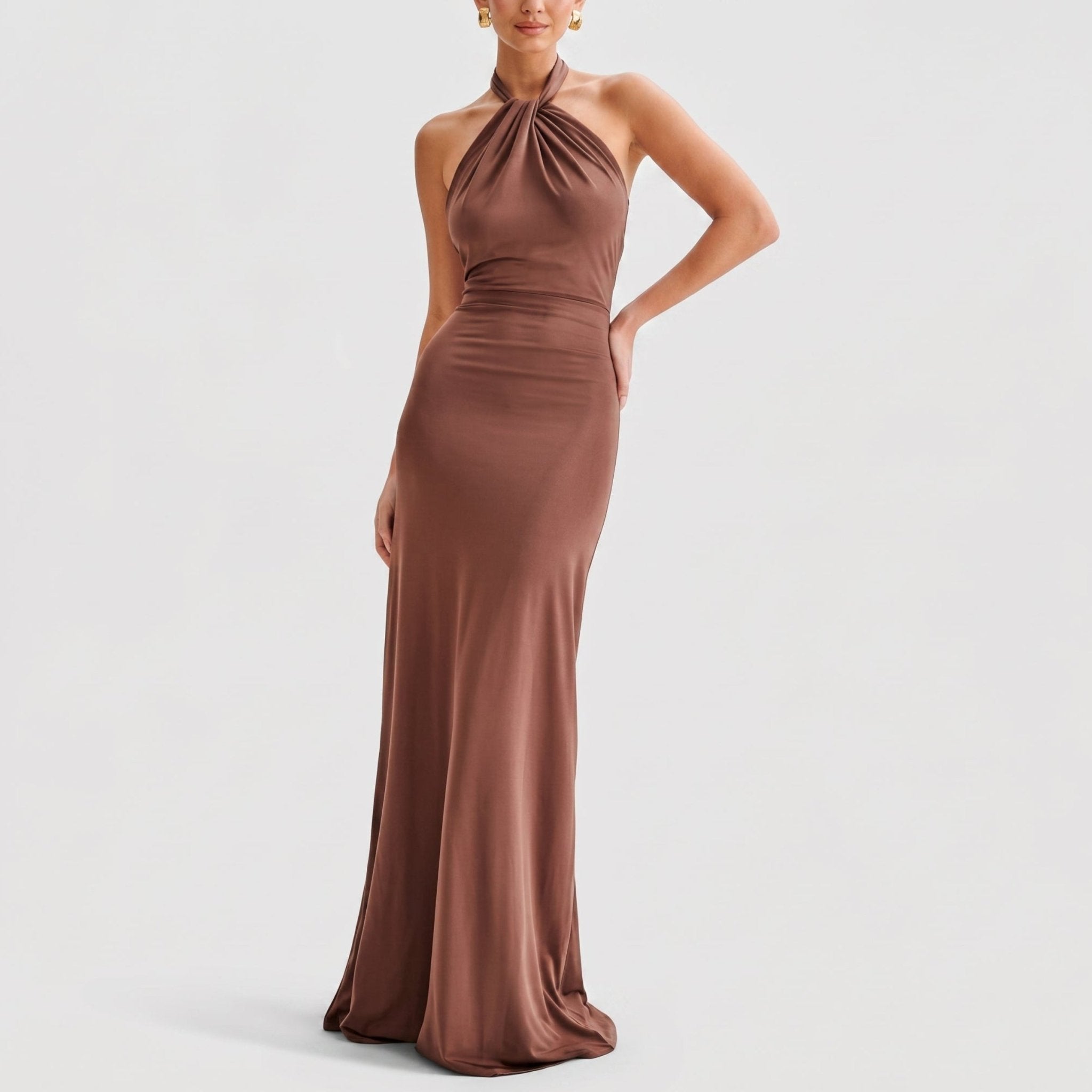 Isabella - Women's Wedding Guest Twisted Halter Neck Maxi Dress - Dresses - Brown - Davies & Cooper
