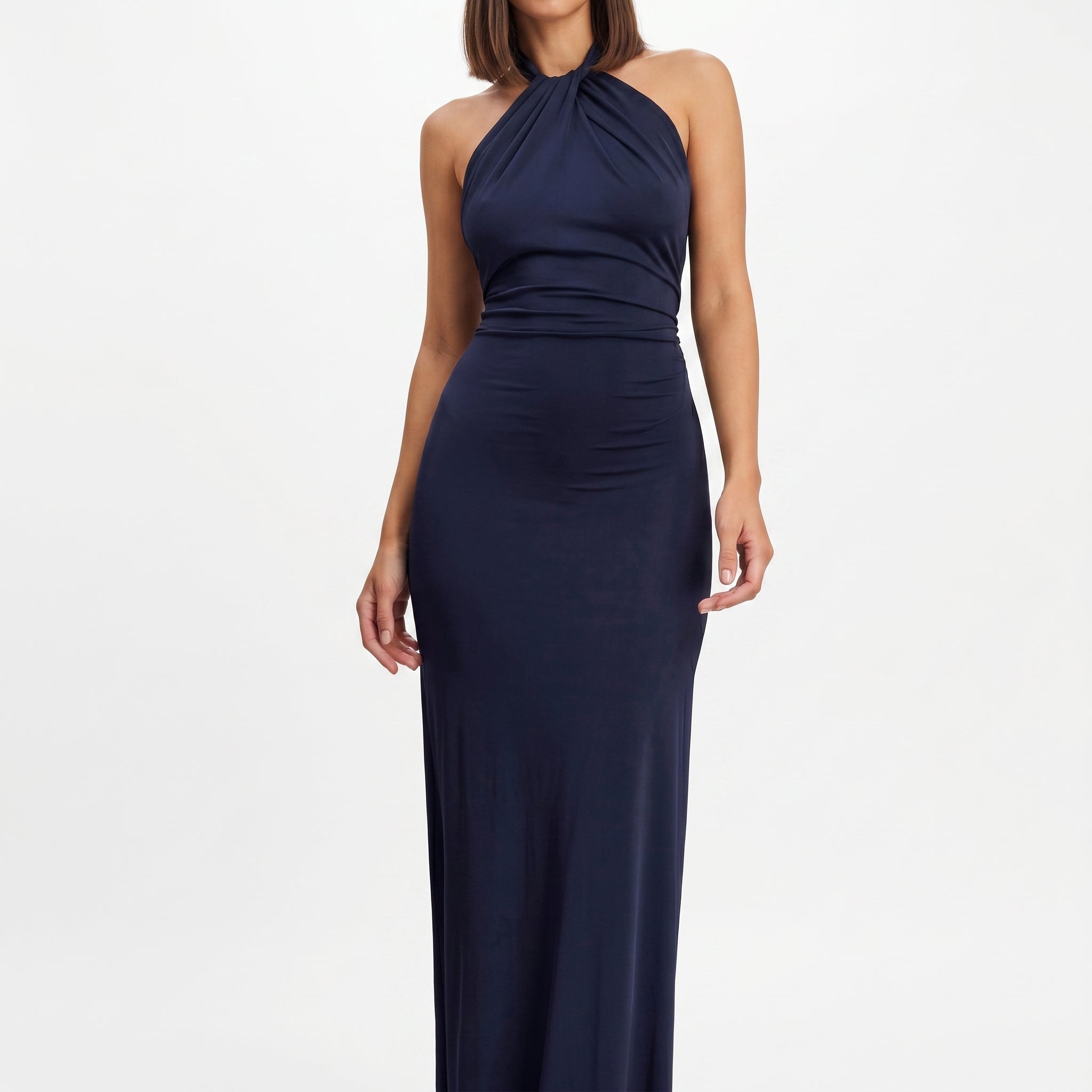 Isabella - Women's Wedding Guest Twisted Halter Neck Maxi Dress - Dresses - Navy Blue - Davies & Cooper
