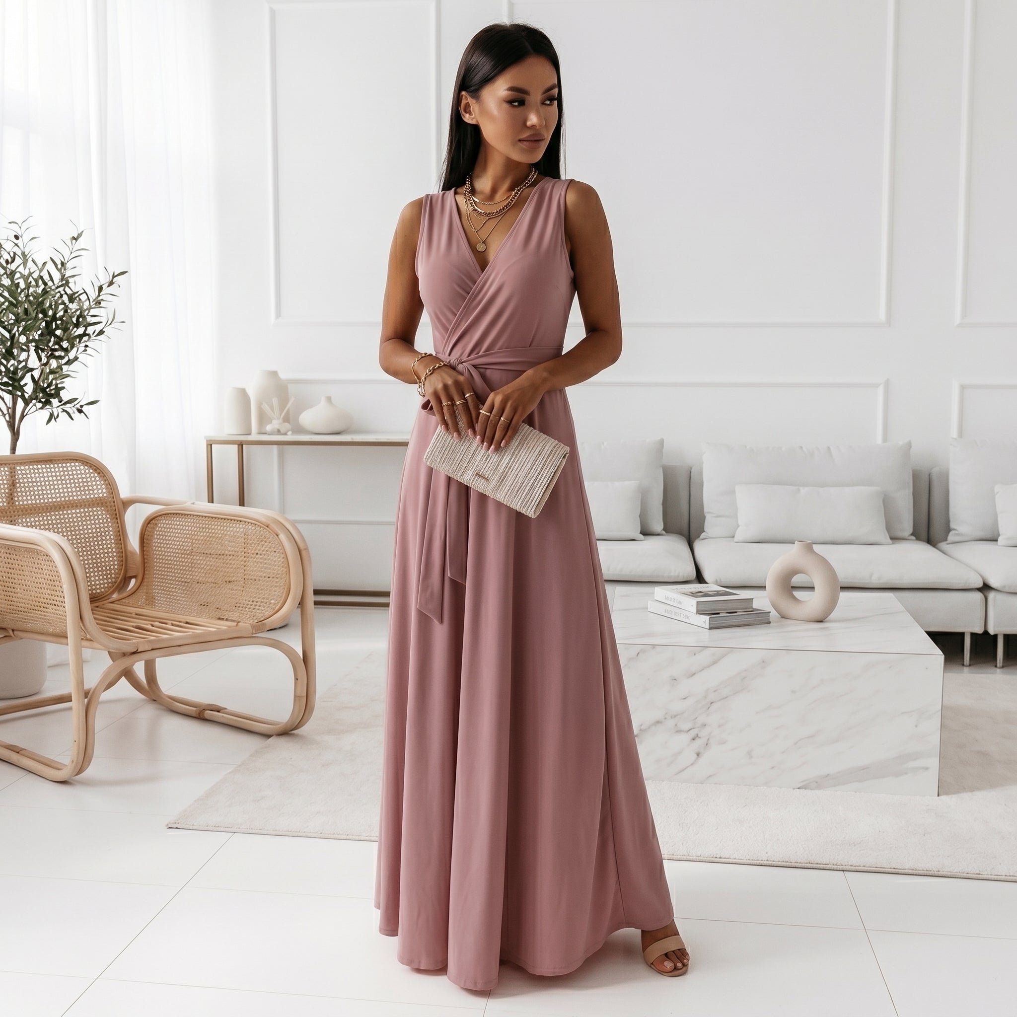 Isabella - Women's Wedding Guest Wrap Sleeveless Maxi Dress - Maxi Dress - Pink - Davies & Cooper