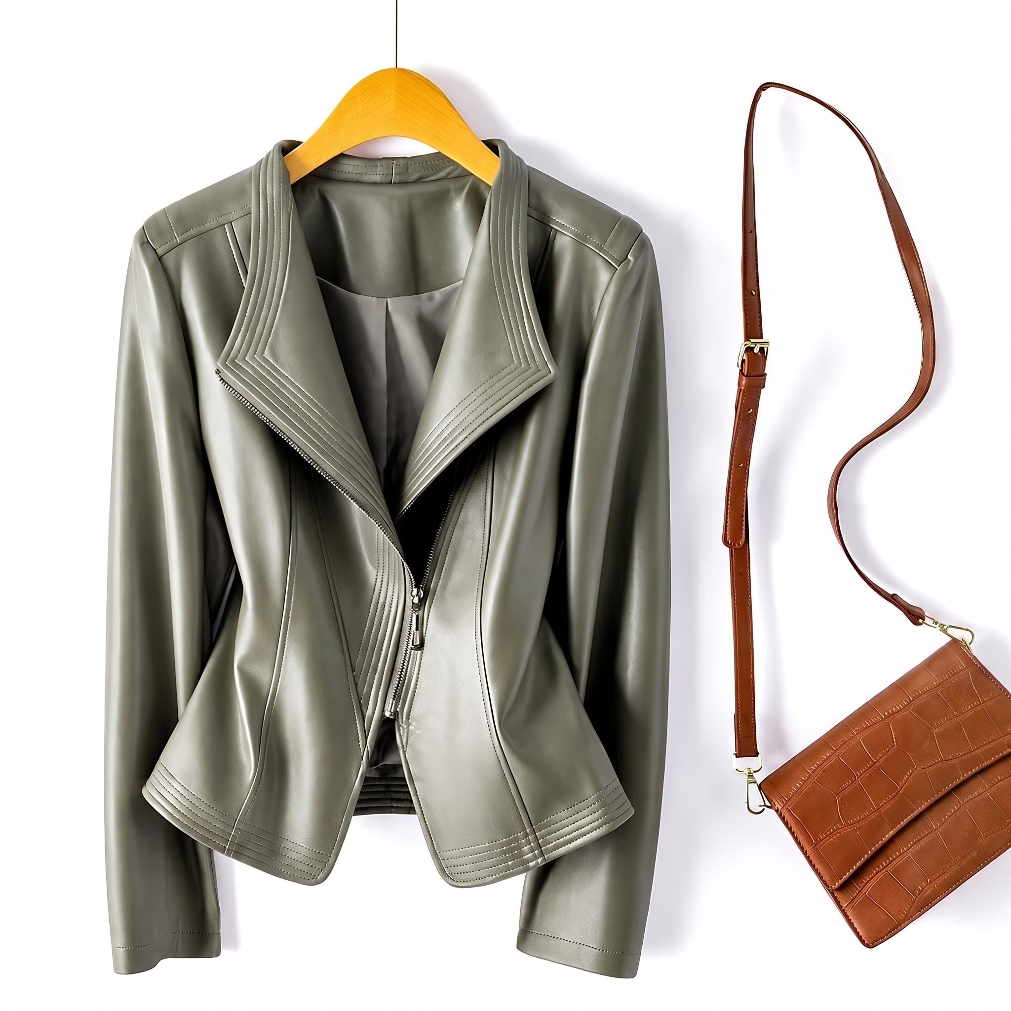Isabella - Women's Wide Lapel Cropped Biker Jacket with Asymmetric Zip - Motorcycle Outerwear - Green - Davies & Cooper