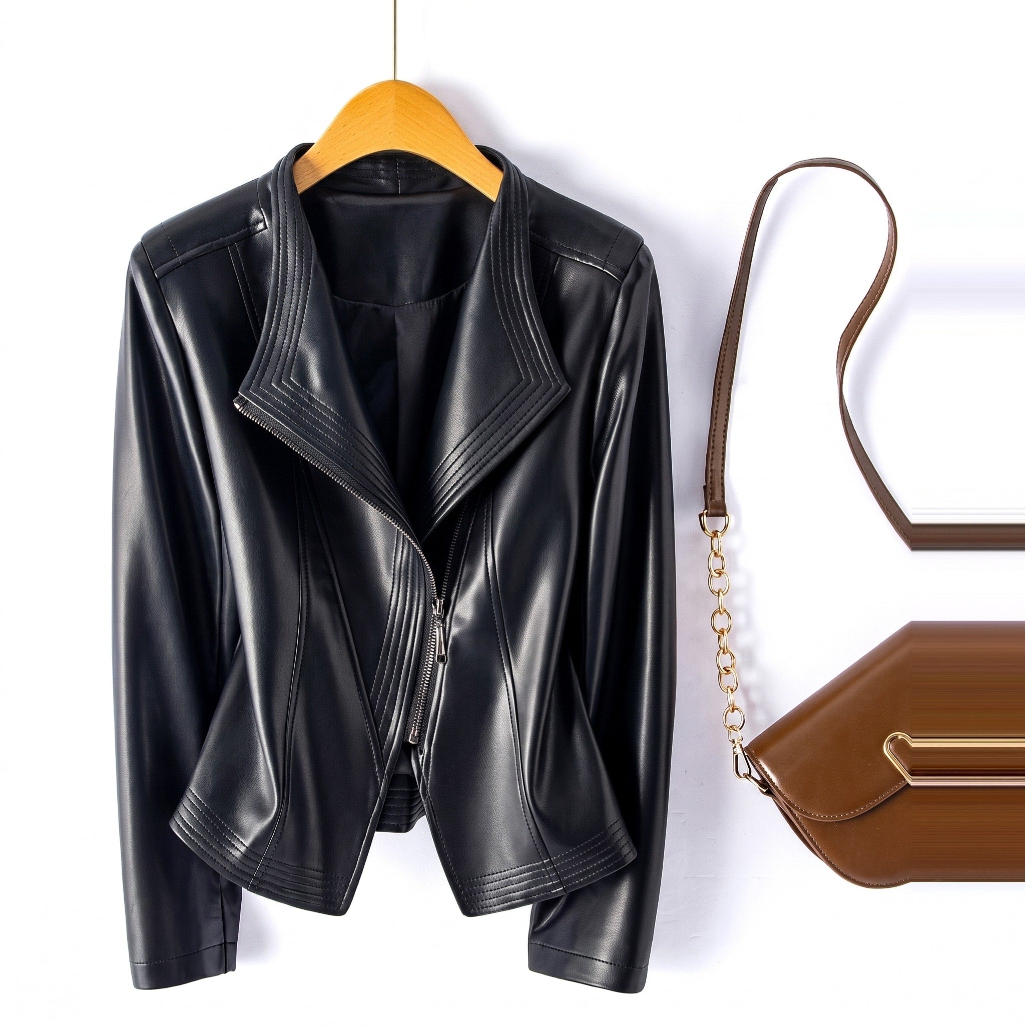 Isabella - Women's Wide Lapel Cropped Biker Jacket with Asymmetric Zip - Motorcycle Outerwear - Black - Davies & Cooper
