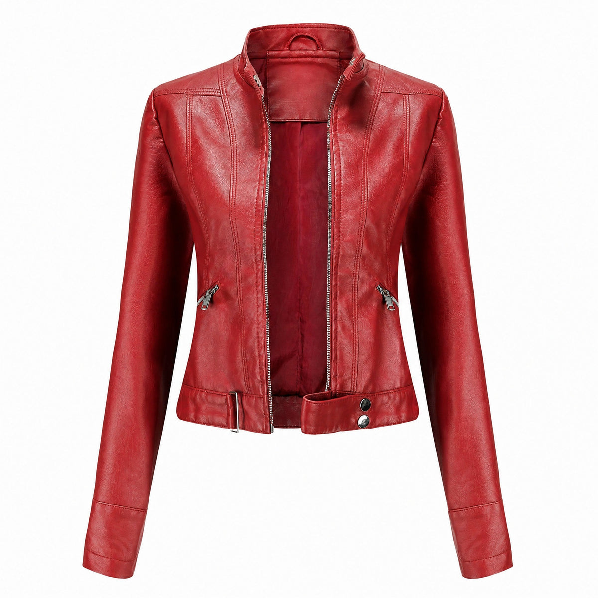 Isabelle - Women's Cropped Biker Jacket with Zip Pockets and Belted Hem - Motorcycle Outerwear - Red - Davies & Cooper
